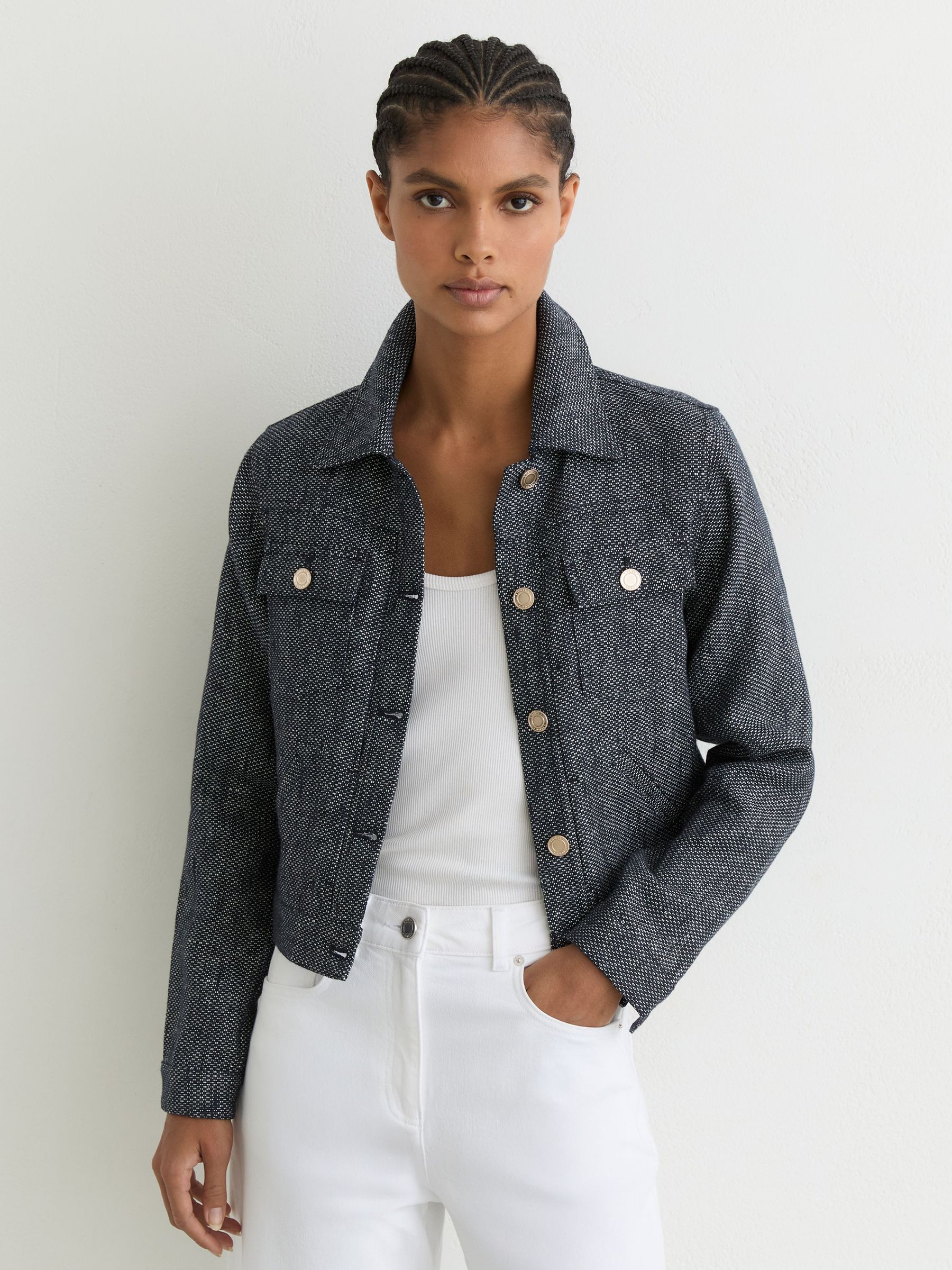 Linen-Cotton Woven Trucker Jacket in Navy - image 3