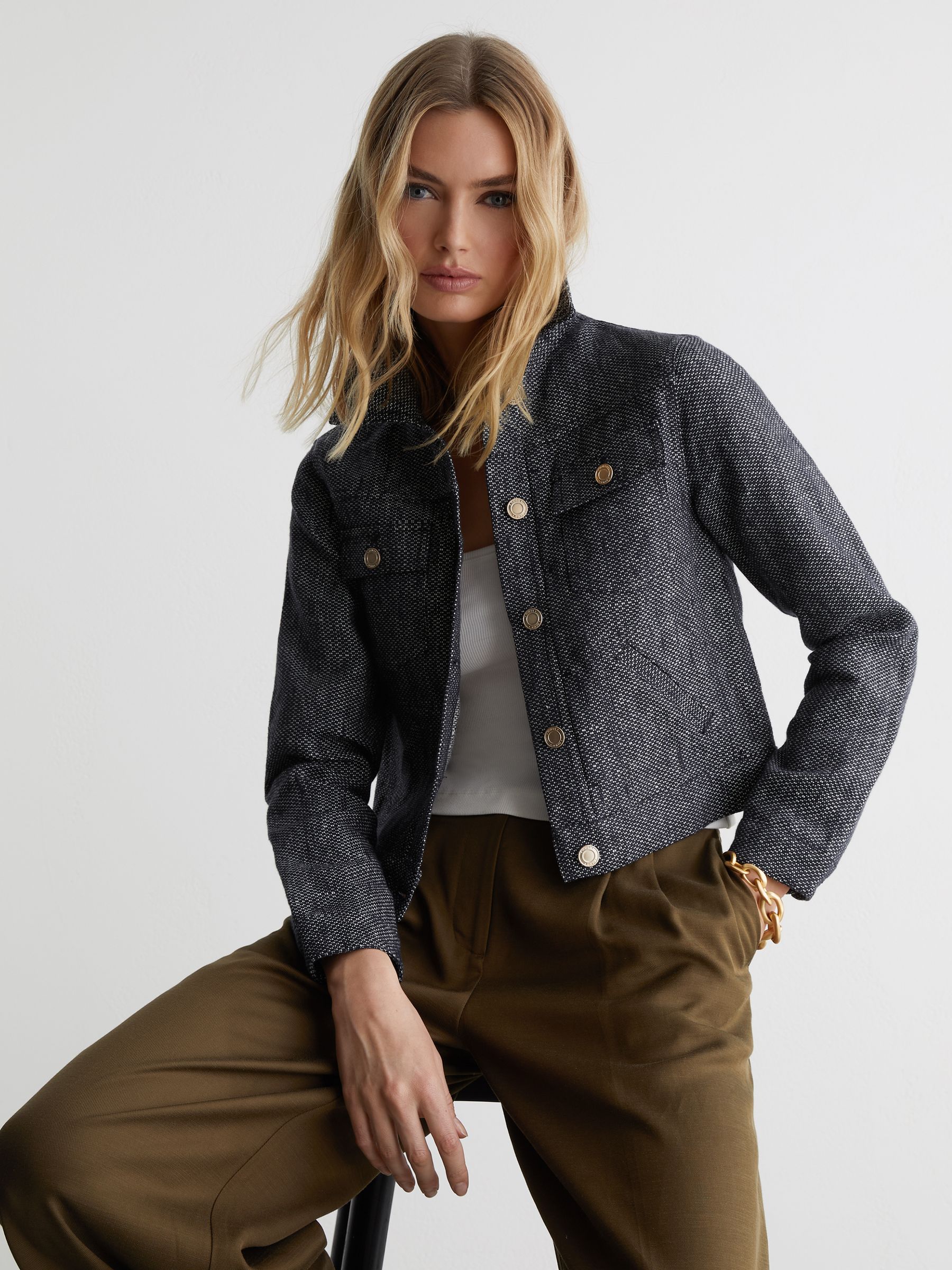 Linen-Cotton Woven Trucker Jacket in Navy - Image 1 of 7