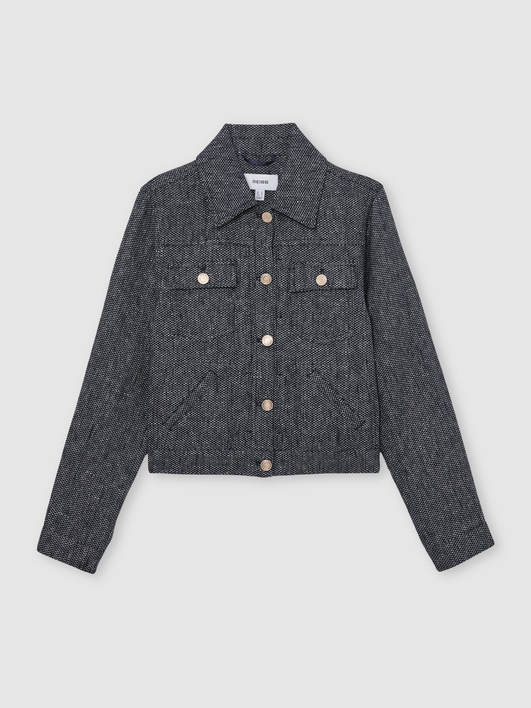Linen-Cotton Woven Trucker Jacket in Navy - Image 2 of 7