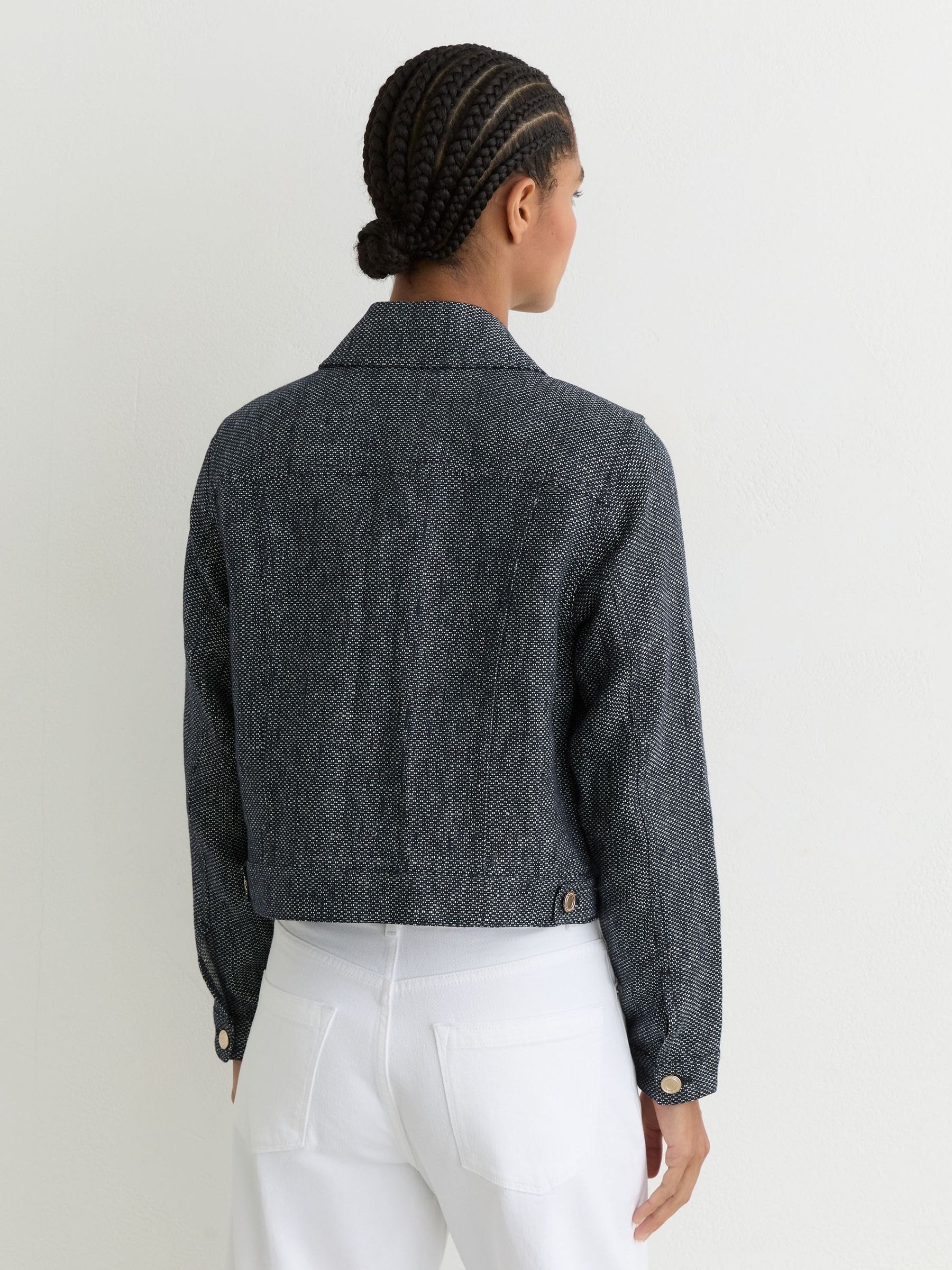 Linen-Cotton Woven Trucker Jacket in Navy - image 4