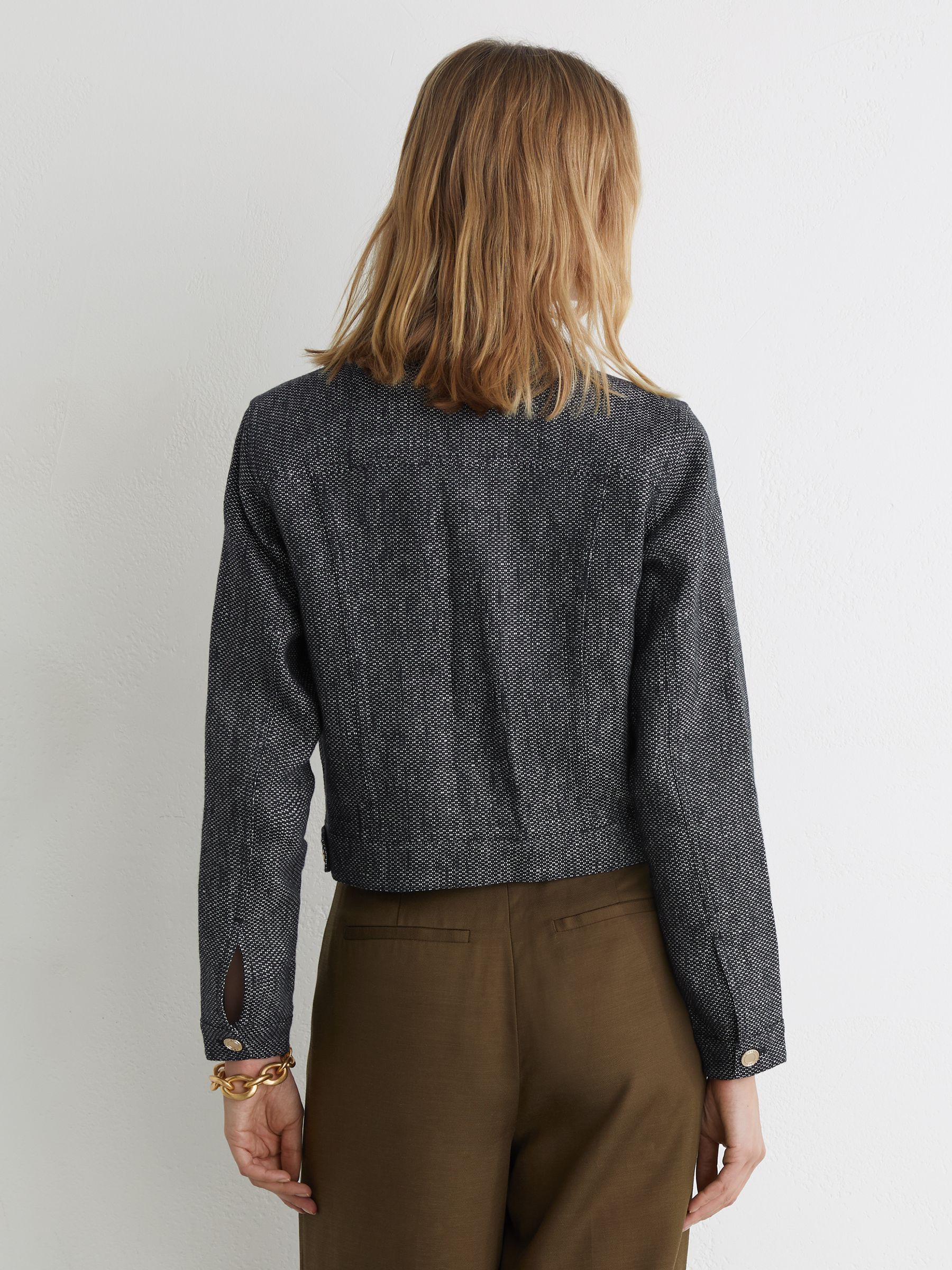 Linen-Cotton Woven Trucker Jacket in Navy - Image 6 of 7