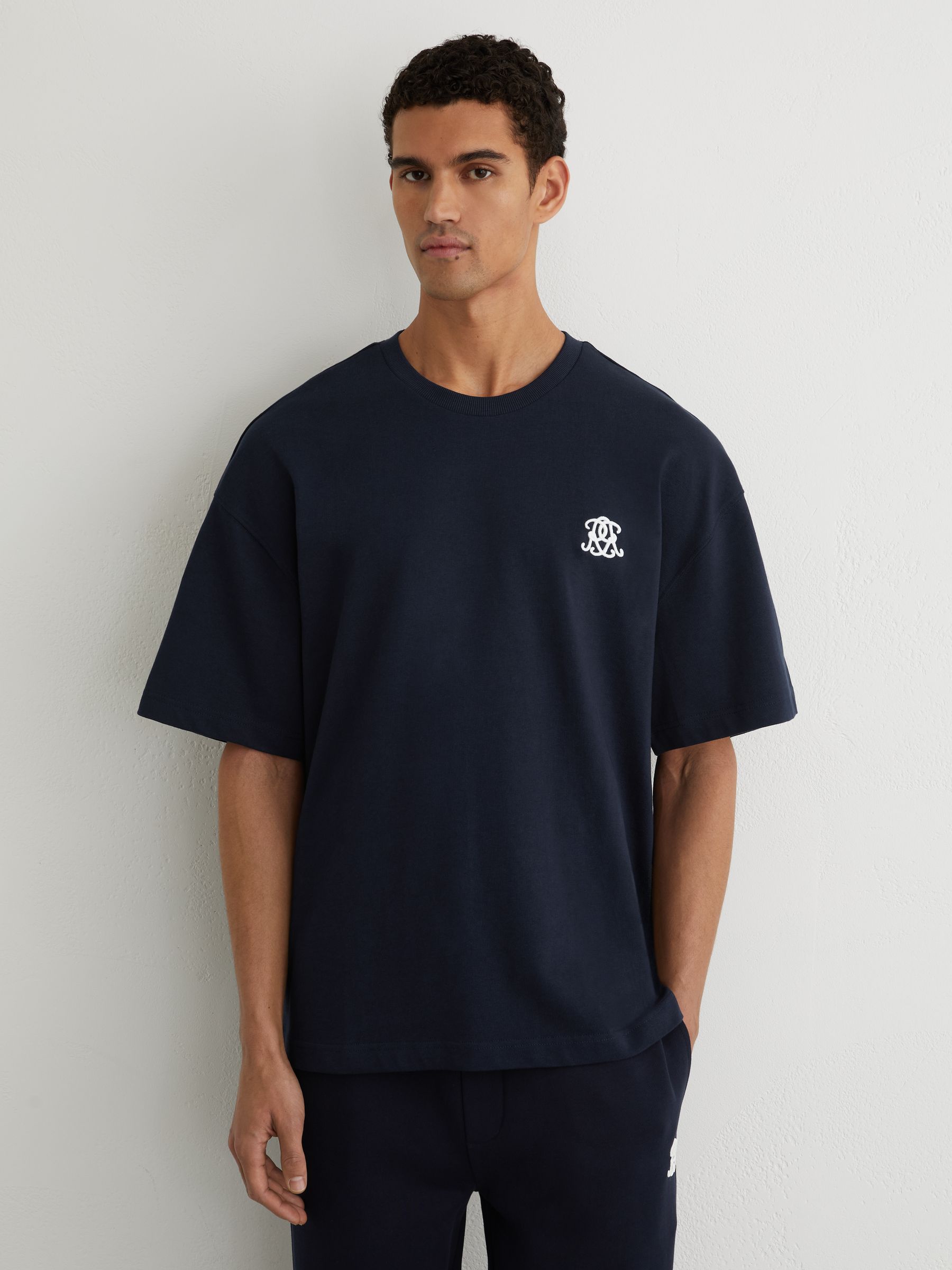 Monogram Embroidered Relaxed-Fit T-Shirt in Navy - Image 1 of 6