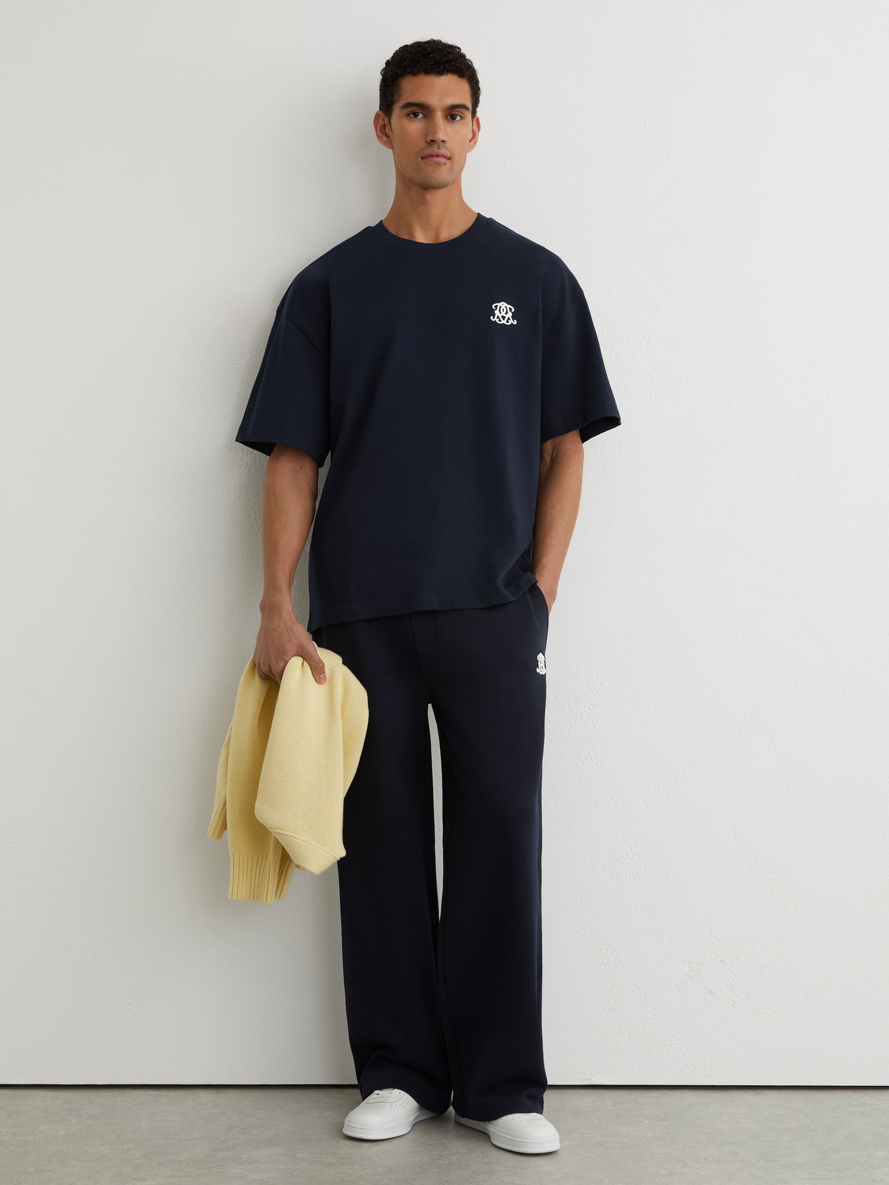 Monogram Embroidered Relaxed-Fit T-Shirt in Navy - Image 3 of 6