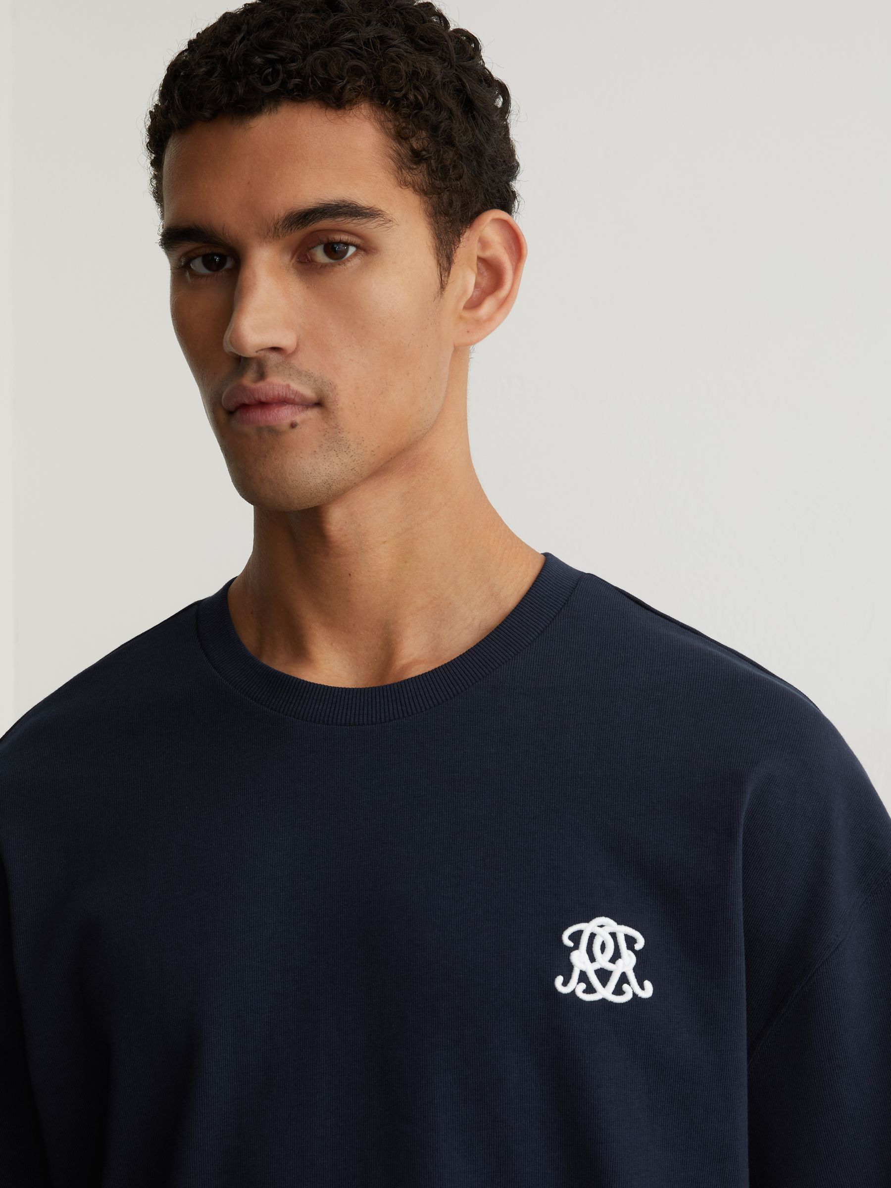Monogram Embroidered Relaxed-Fit T-Shirt in Navy - Image 4 of 6