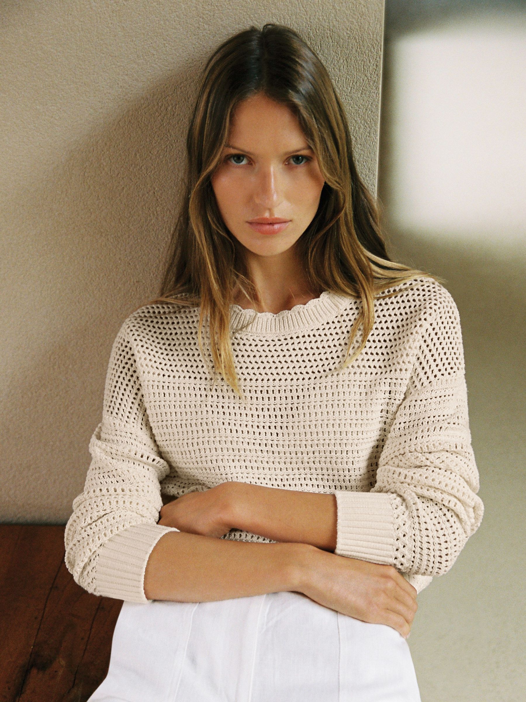 Cotton Open-Stitch Crew-Neck Jumper in Neutral - image 3