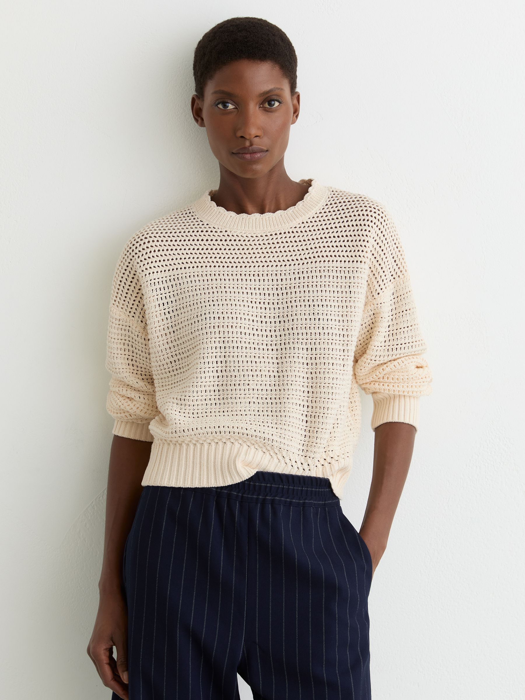 Cotton Open-Stitch Crew-Neck Jumper in Neutral - Image 1 of 6