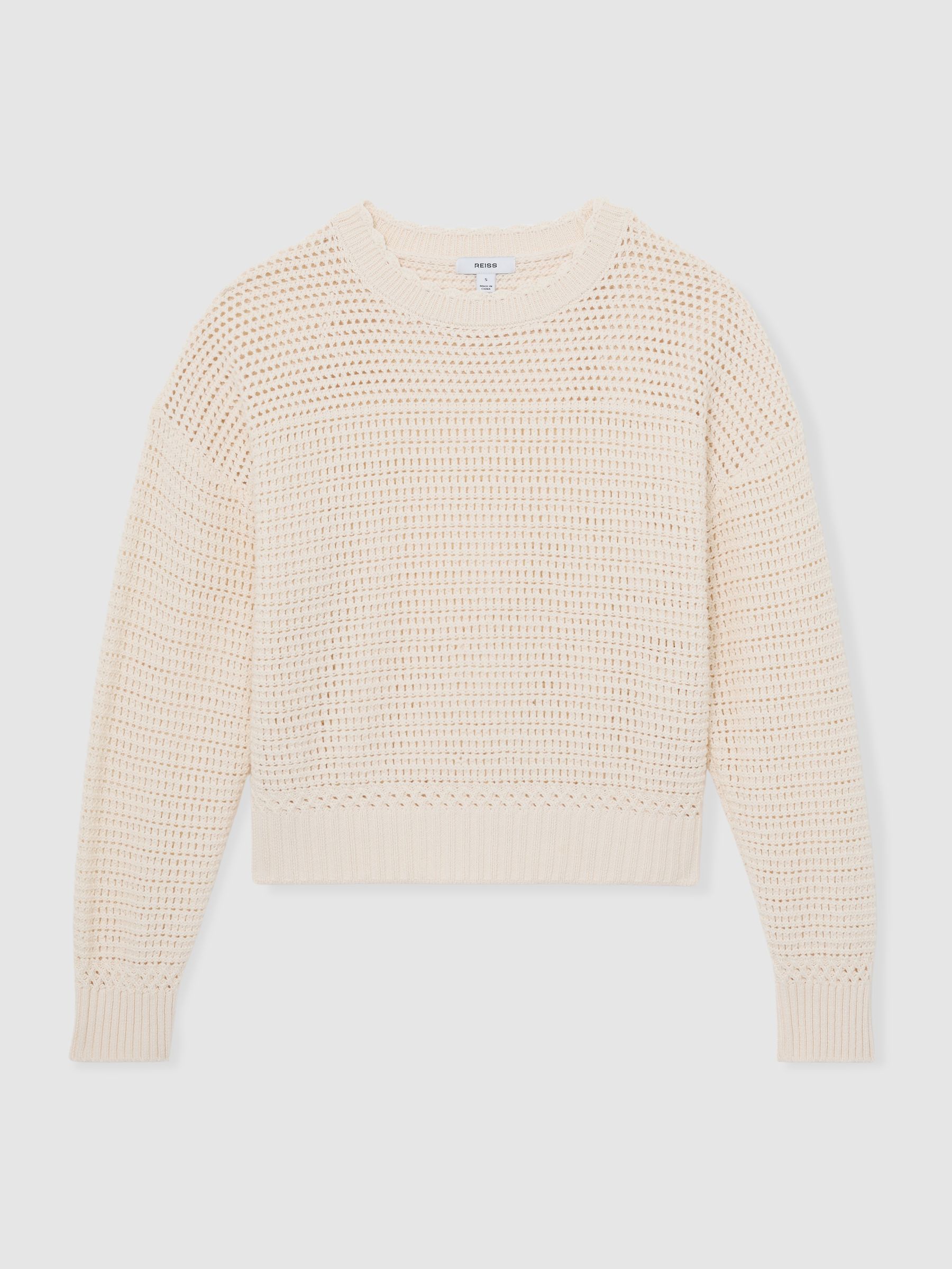 Cotton Open-Stitch Crew-Neck Jumper in Neutral - Image 2 of 6