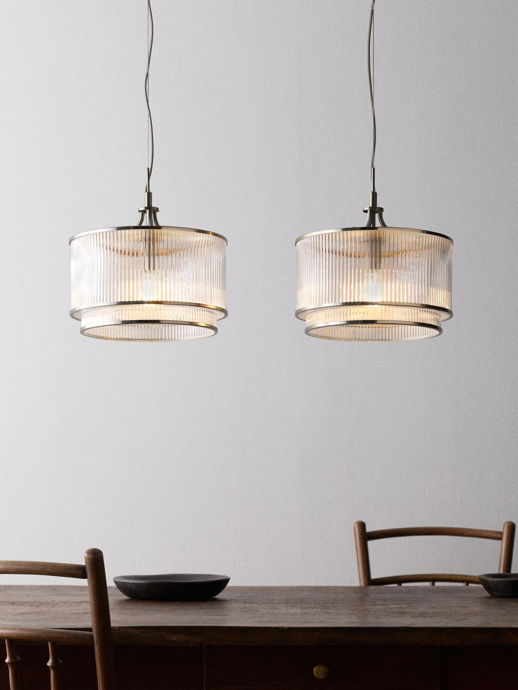 The Set 2 Pack Brushed Silver Ribbed Glass Pendant Ceiling Lights - Image 1 of 5 The Set 2 Pack Brushed Silver Ribbed Glass Pendant Ceiling Lights - Image 1 of 5