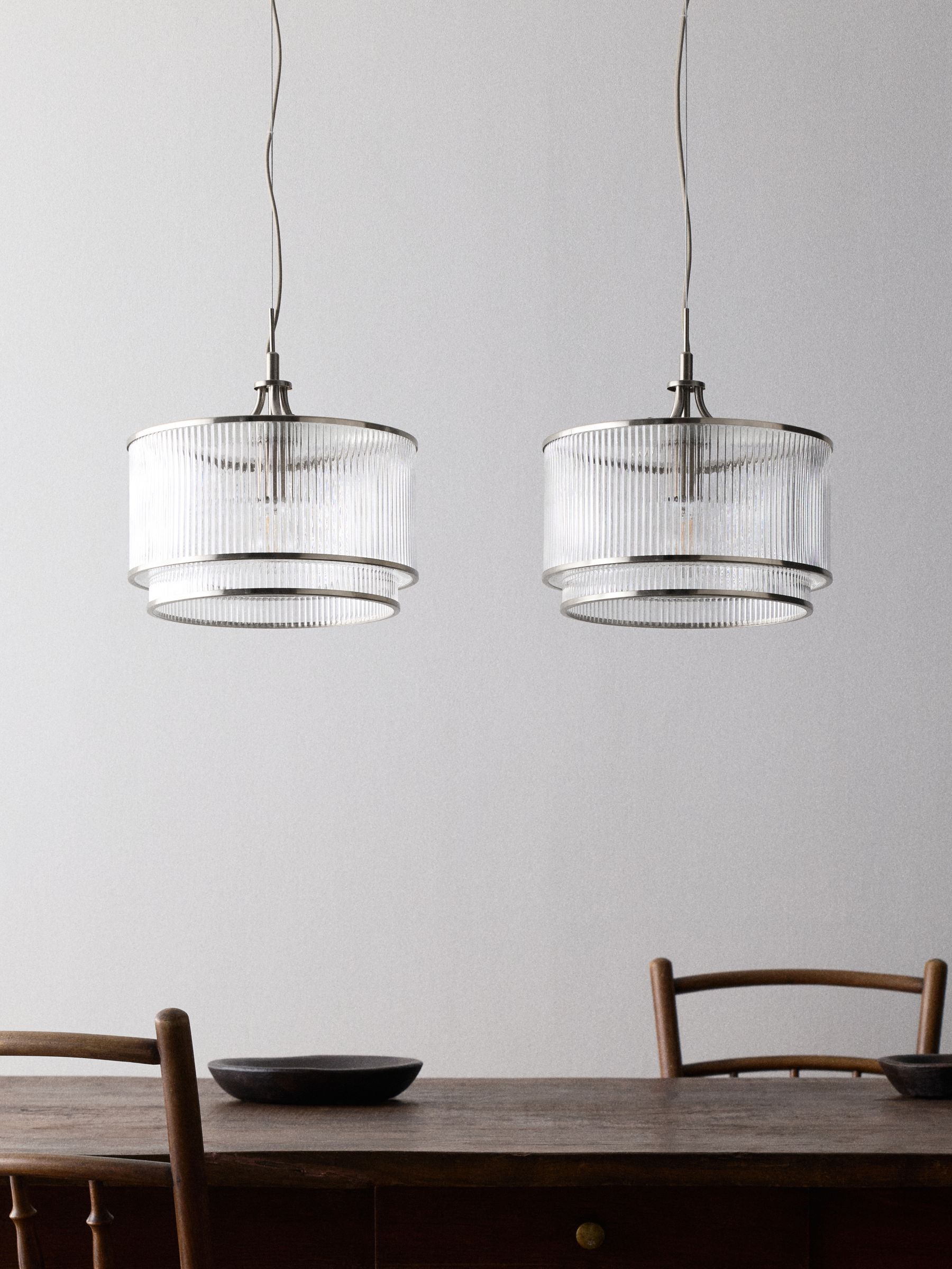 The Set 2 Pack Brushed Silver Ribbed Glass Pendant Ceiling Lights - Image 2 of 5 The Set 2 Pack Brushed Silver Ribbed Glass Pendant Ceiling Lights - Image 2 of 5