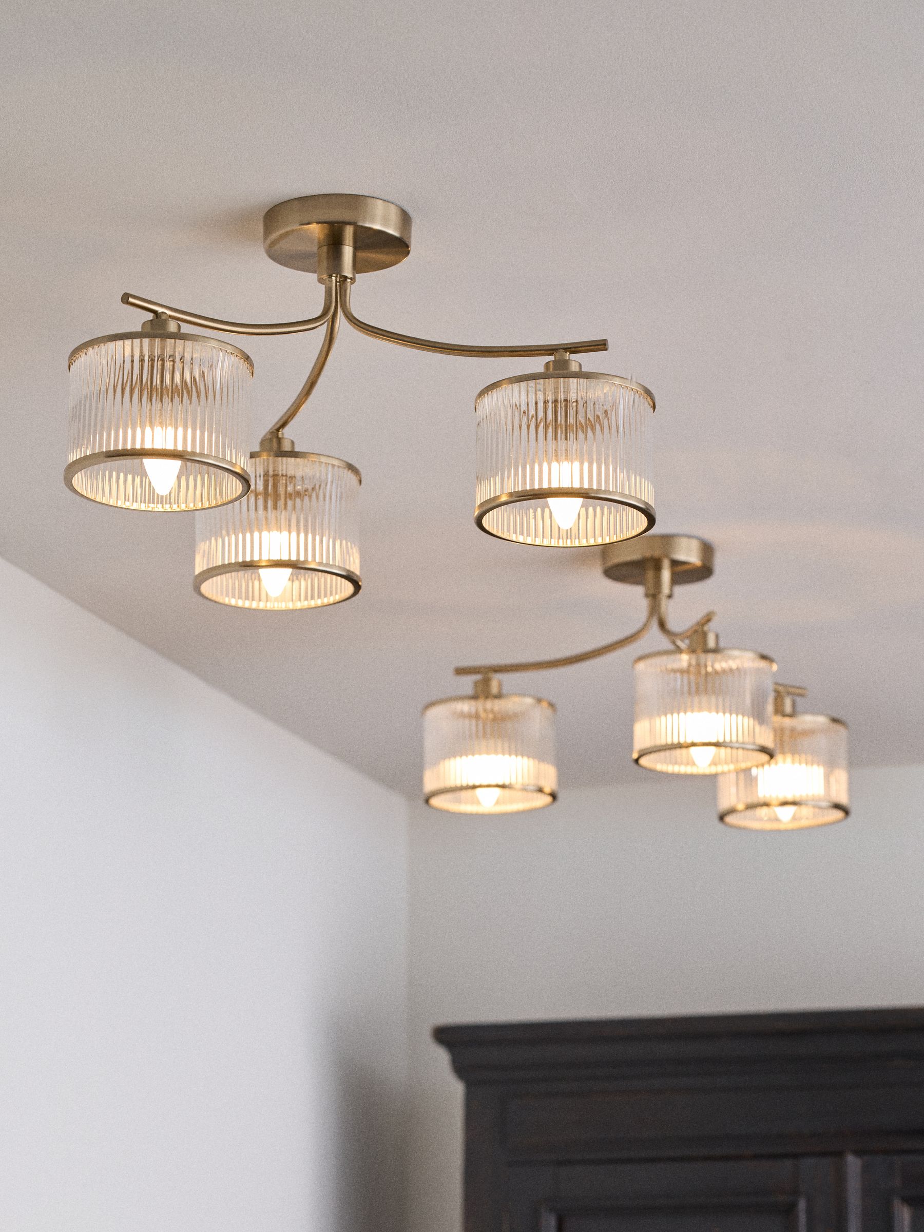 The Set 2 Pack Brass Ribbed Glass 3 Light Flush Ceiling Lights - Image 1 of 7