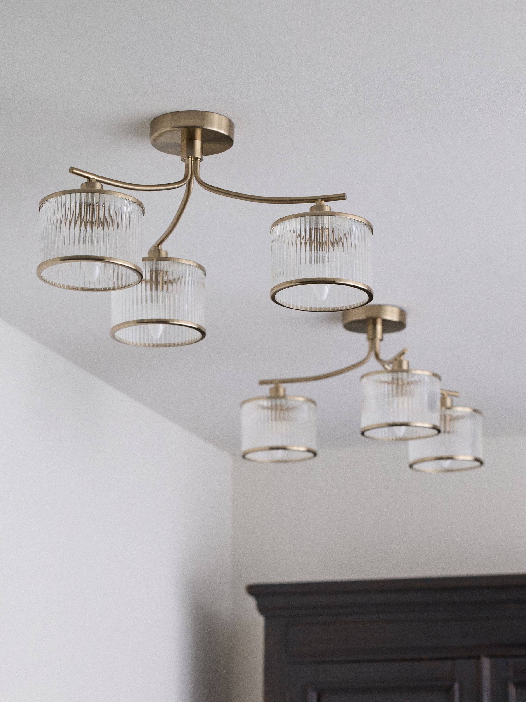 The Set 2 Pack Brass Ribbed Glass 3 Light Flush Ceiling Lights - Image 2 of 7