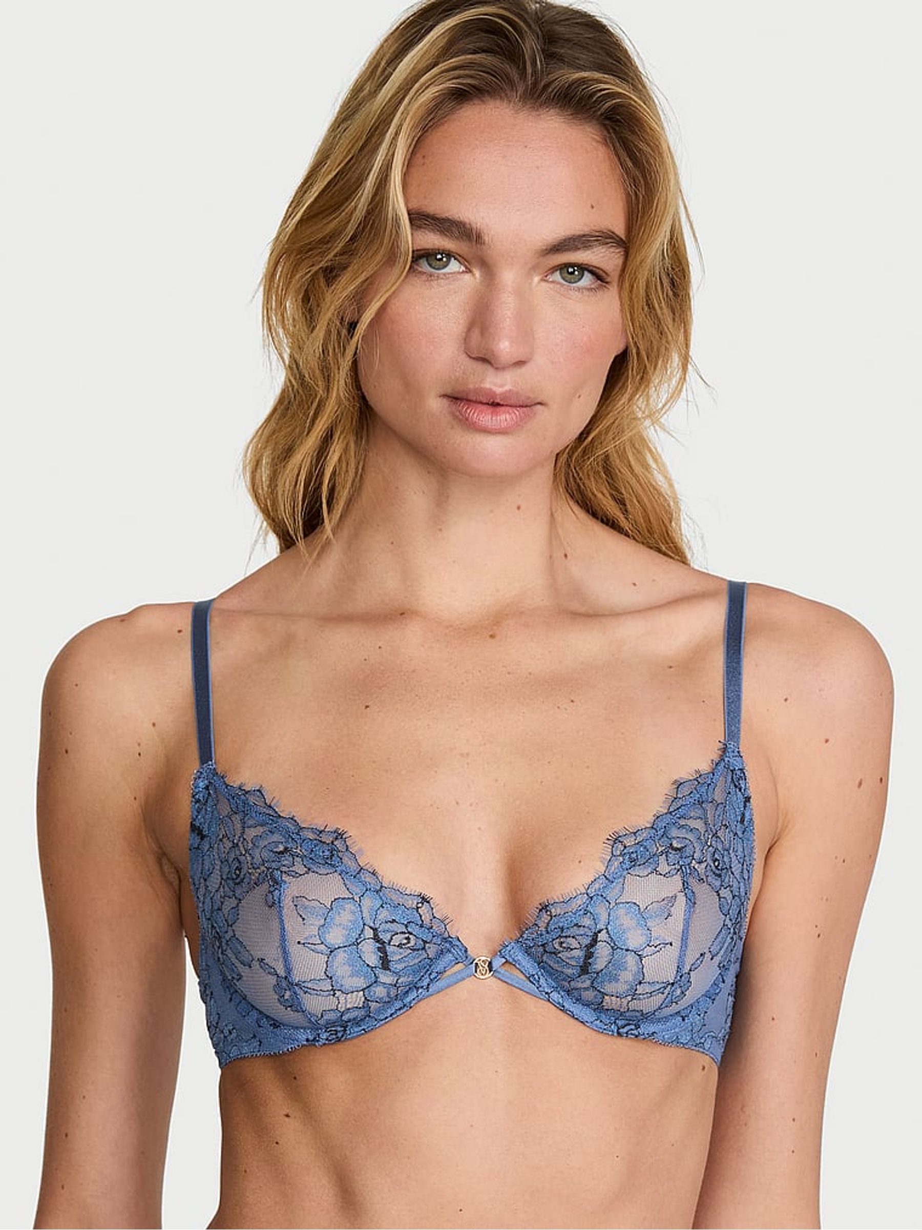 Denim Blue Rose Unlined Demi Lace Bra - Image 1 of 3