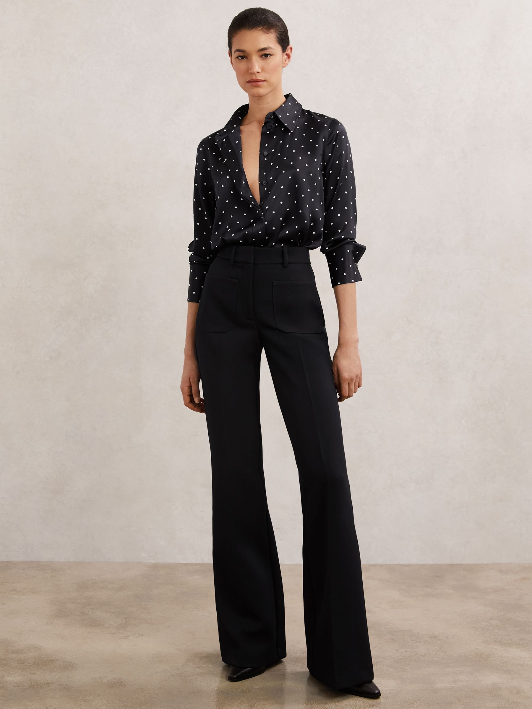 Silk-Satin Concealed-Placket Shirt in Navy polka Dot - Image 1 of 6