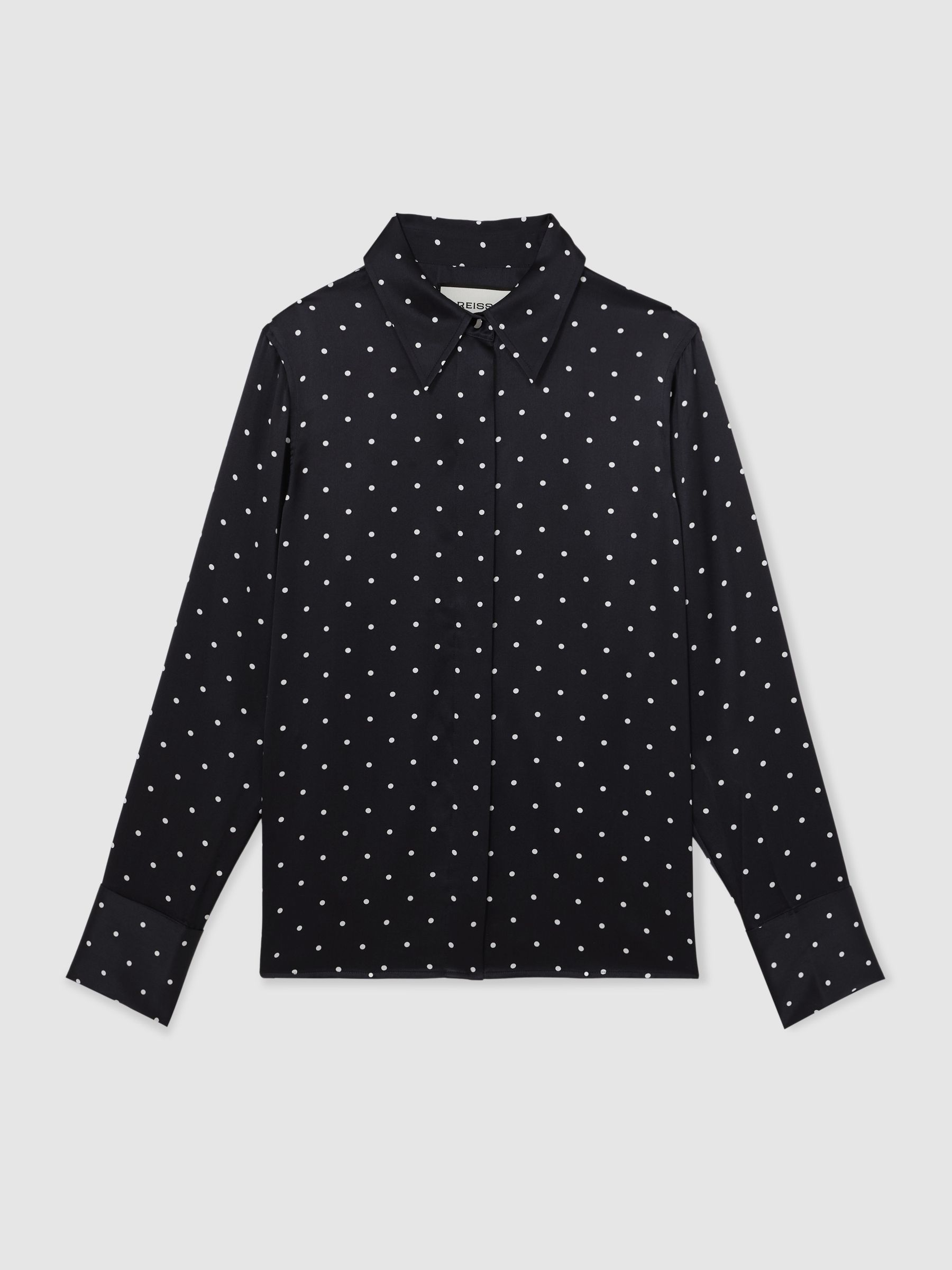 Silk-Satin Concealed-Placket Shirt in Navy polka Dot - Image 2 of 6