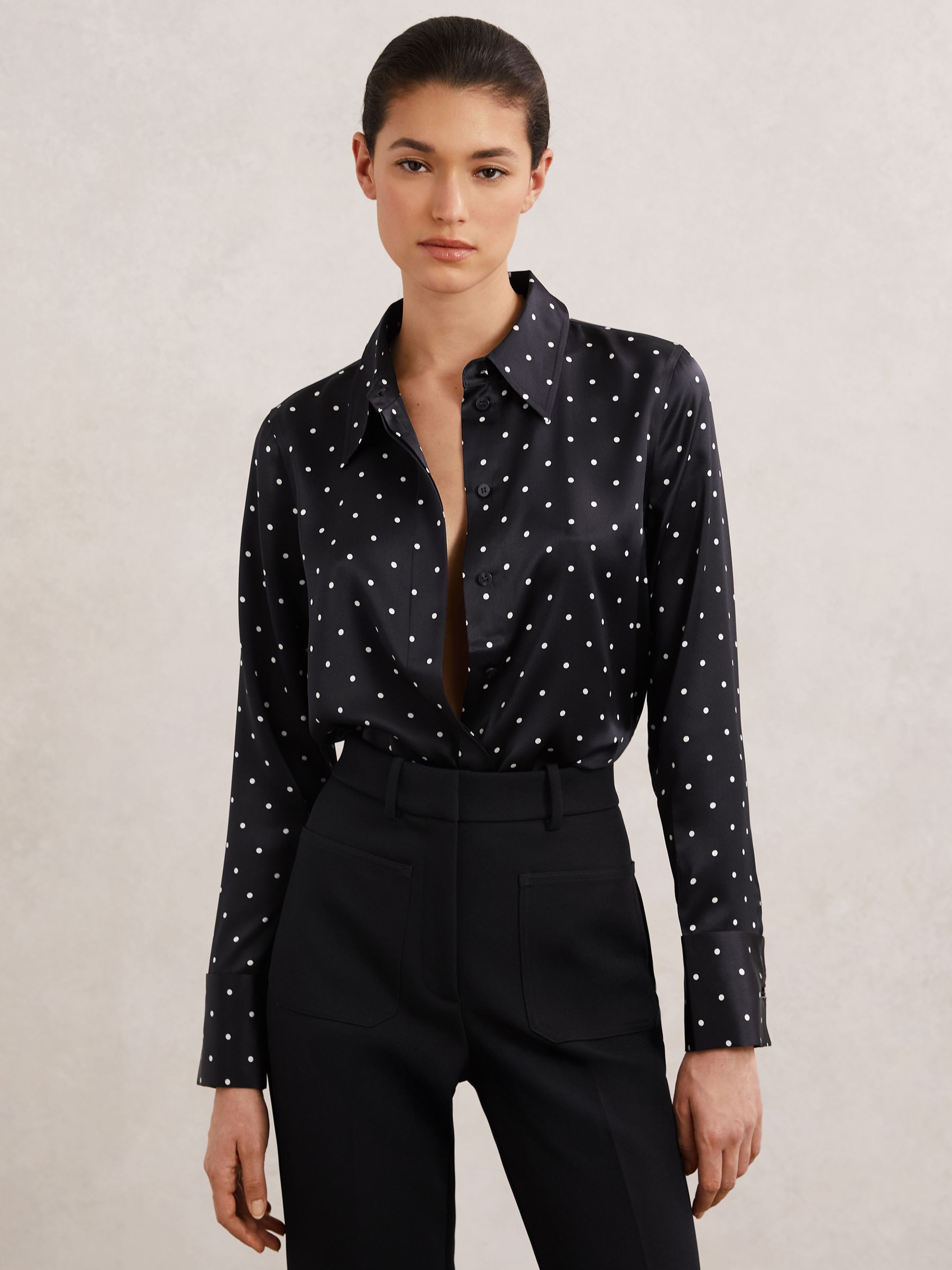 Silk-Satin Concealed-Placket Shirt in Navy polka Dot - Image 3 of 6