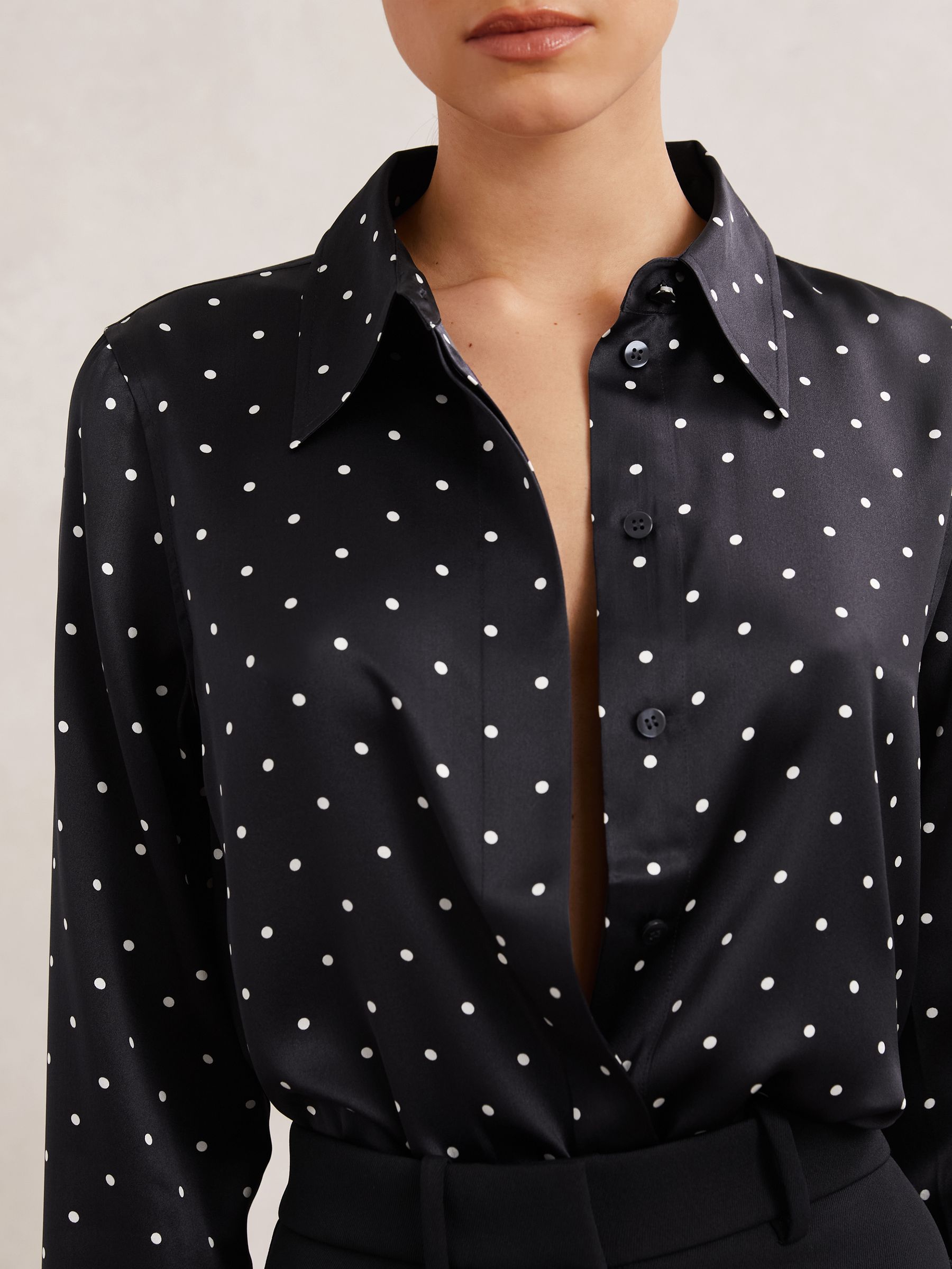 Silk-Satin Concealed-Placket Shirt in Navy polka Dot - image 5