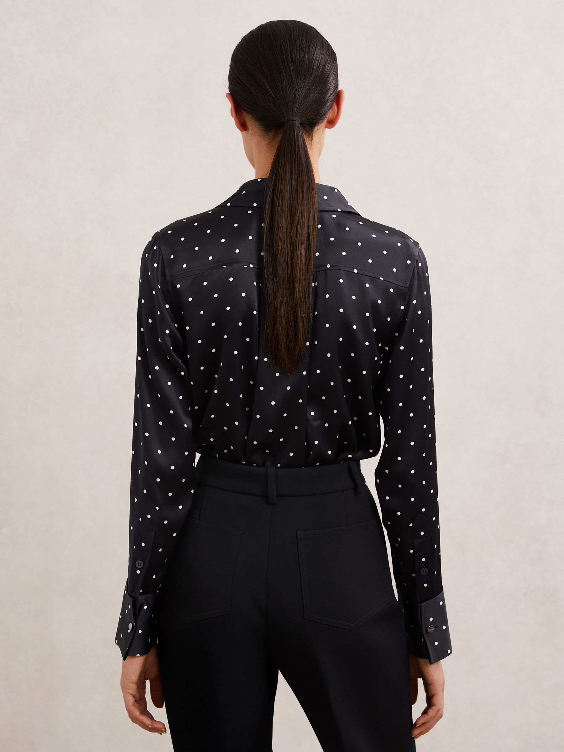 Silk-Satin Concealed-Placket Shirt in Navy polka Dot - image 4
