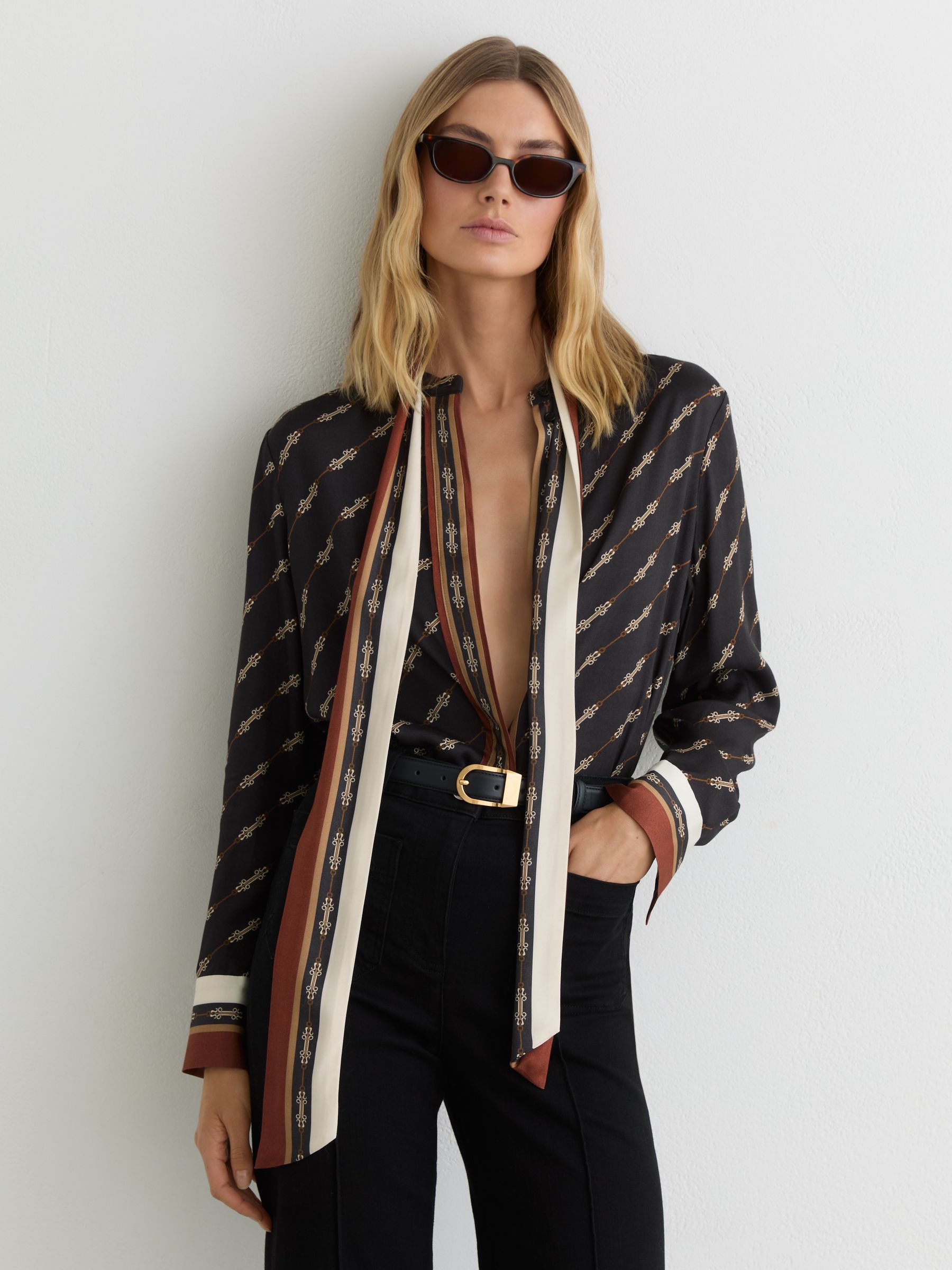 Chain-Print Tie-Neck Shirt in Black - image 2