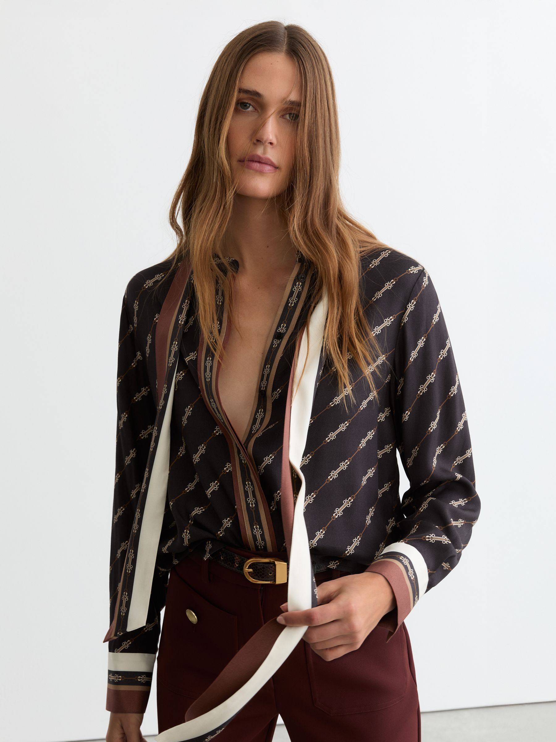 Chain-Print Tie-Neck Shirt in Black - Image 3 of 5