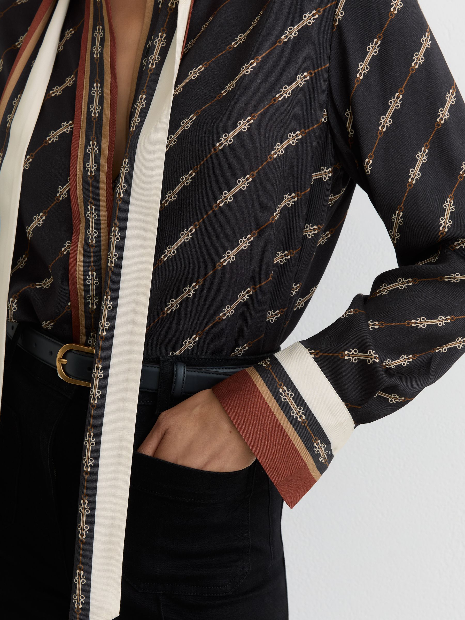 Chain-Print Tie-Neck Shirt in Black - image 3