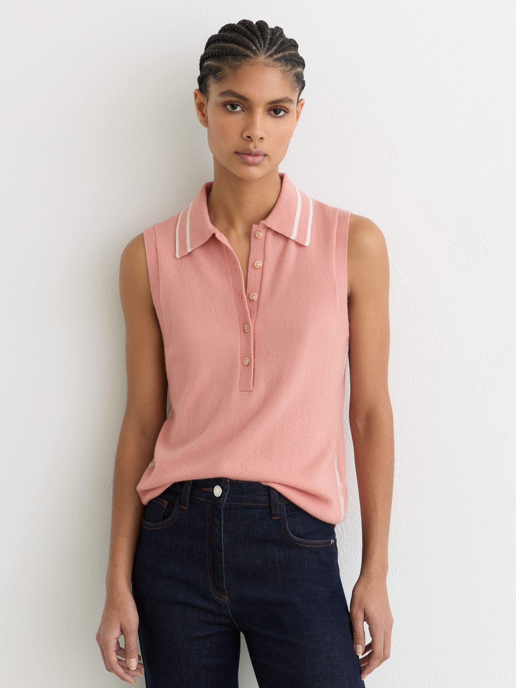 Wool-Cashmere Sleeveless Polo Top in Pink/Ivory - Image 1 of 6