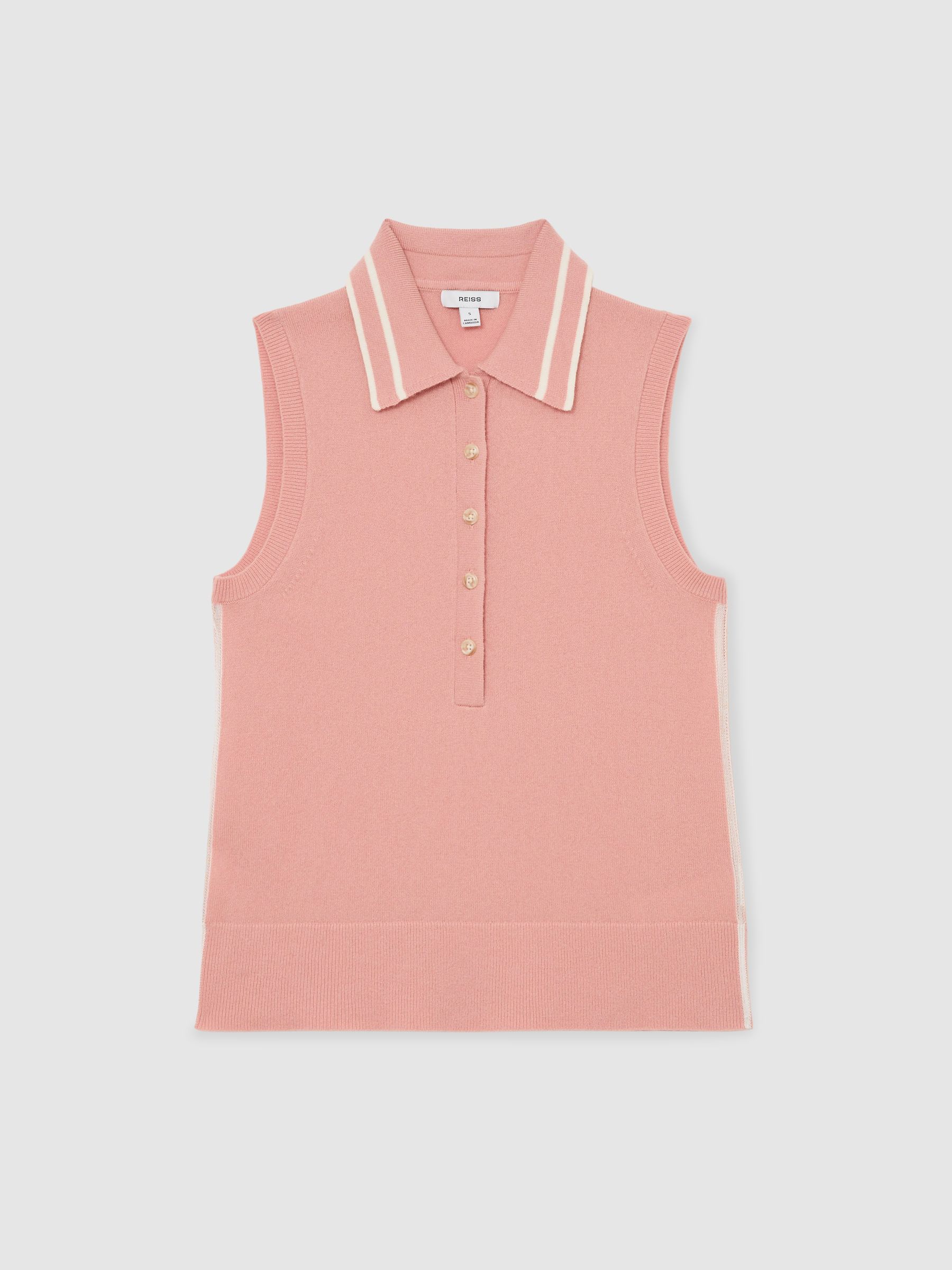 Wool-Cashmere Sleeveless Polo Top in Pink/Ivory - image 1
