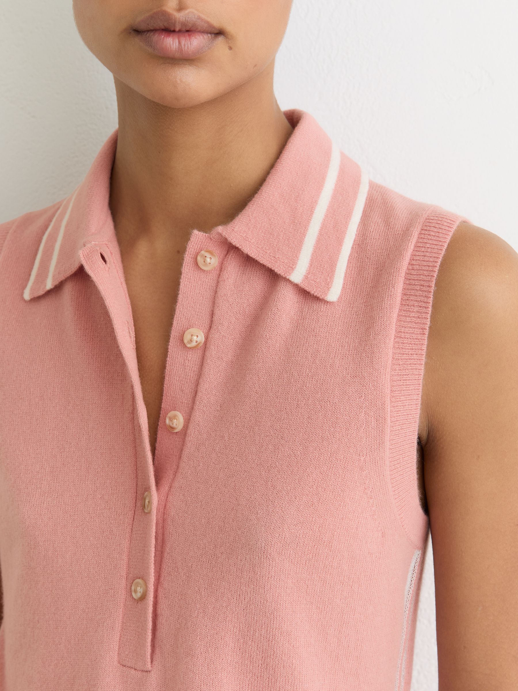 Wool-Cashmere Sleeveless Polo Top in Pink/Ivory - Image 4 of 6