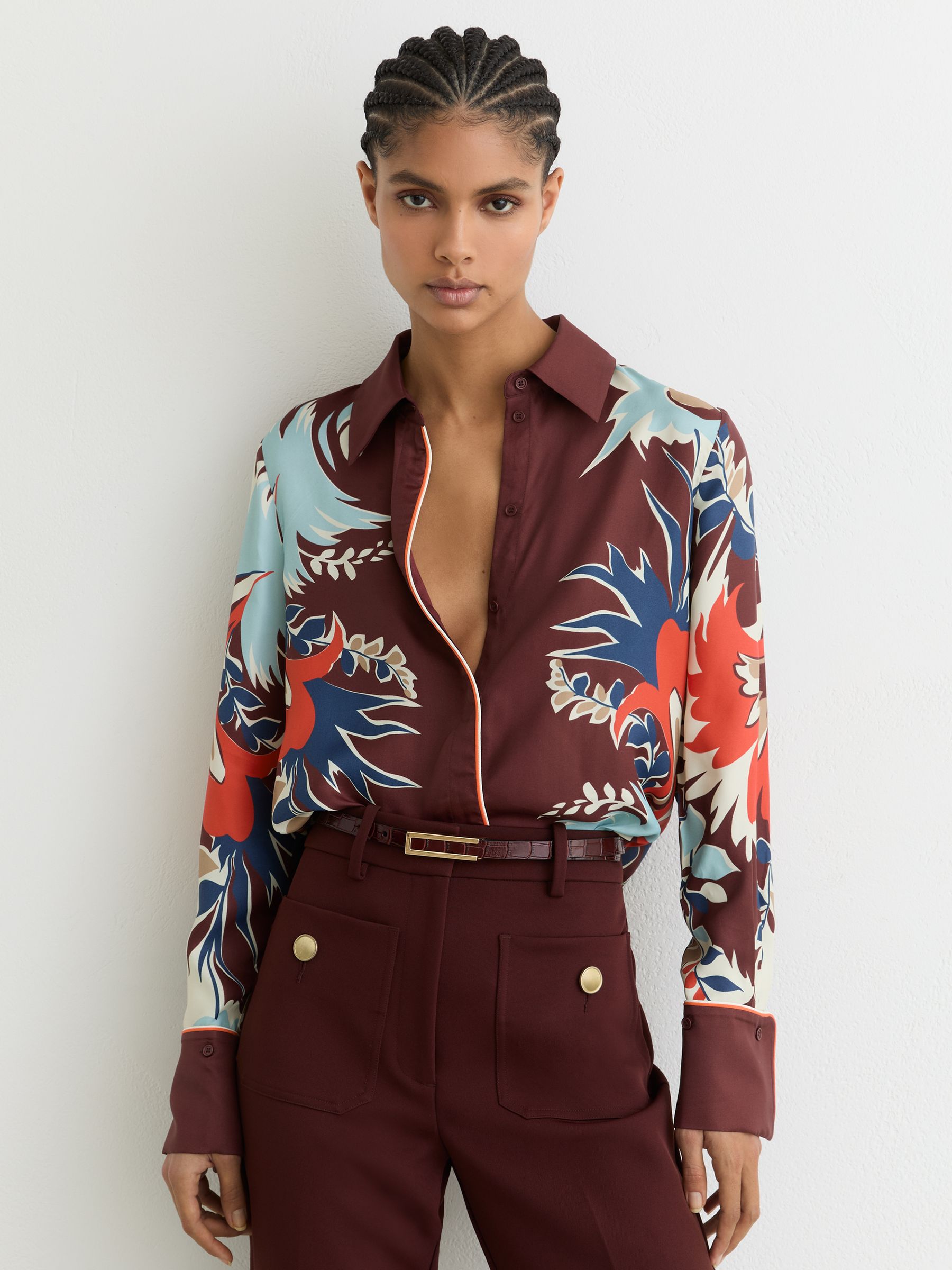 Printed Button-Through Shirt in Burgundy - Image 1 of 6