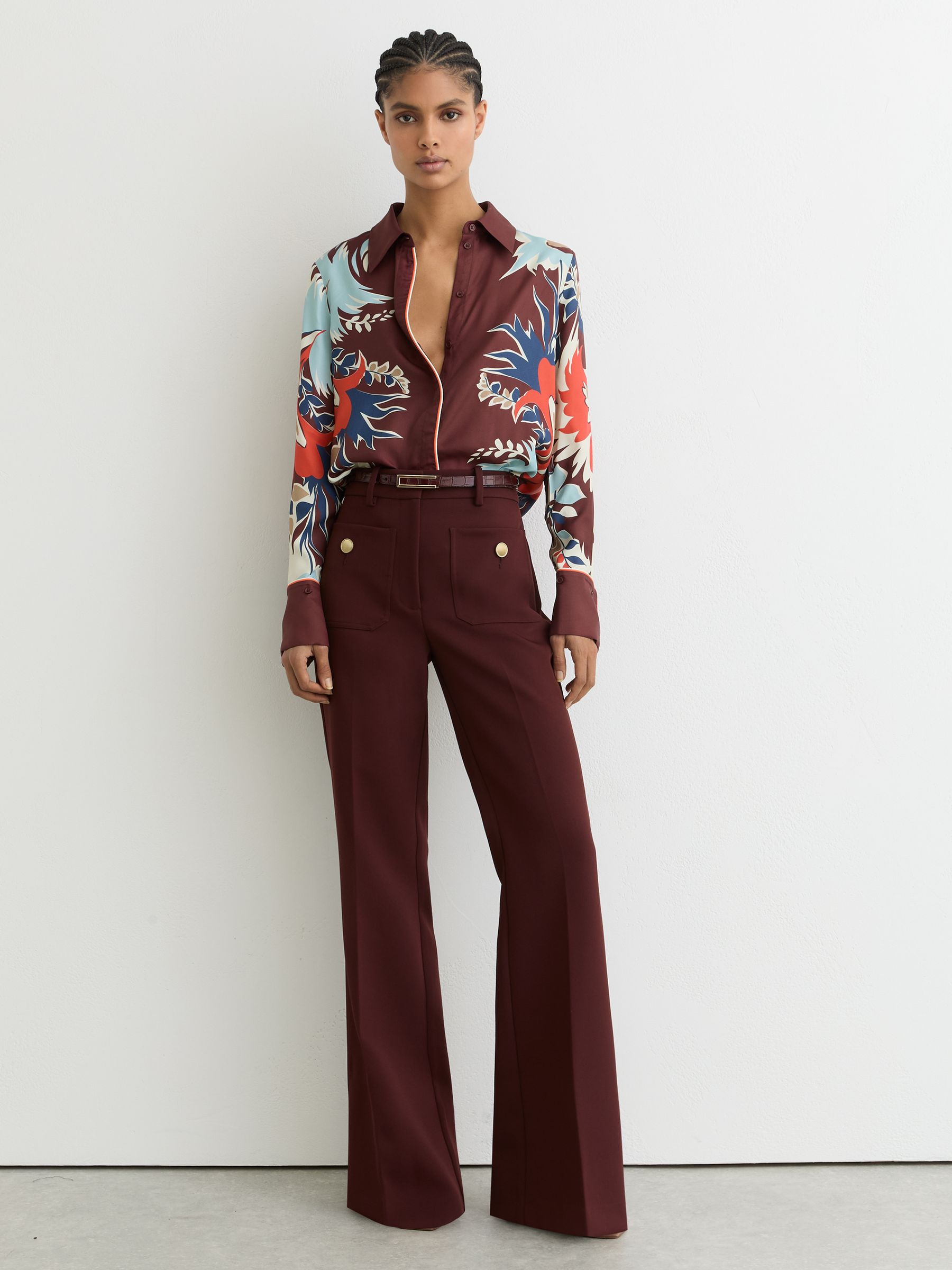 Printed Button-Through Shirt in Burgundy - Image 3 of 6