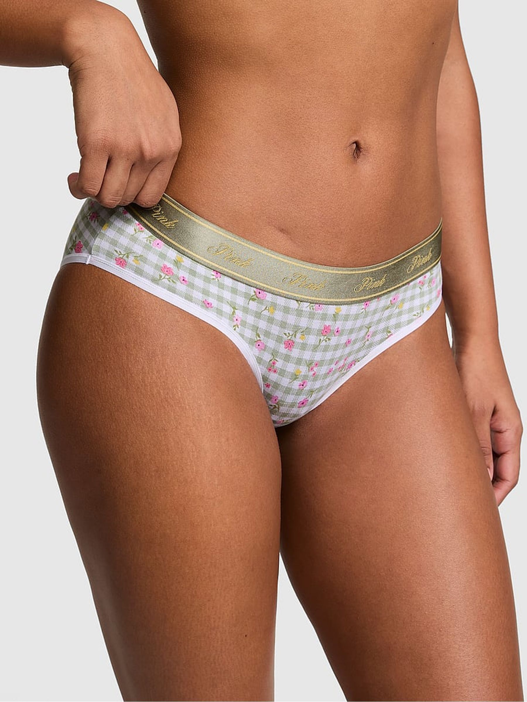 Green Gingham Floral Print Hipster Cotton Logo Knickers - Image 1 of 2