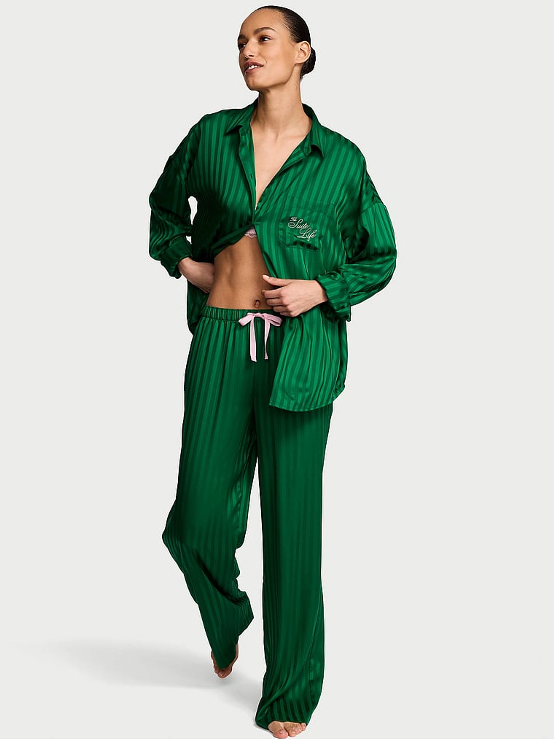 Pine Green Stripe  Satin Oversized Long Pyjama Set - Image 1 of 3
