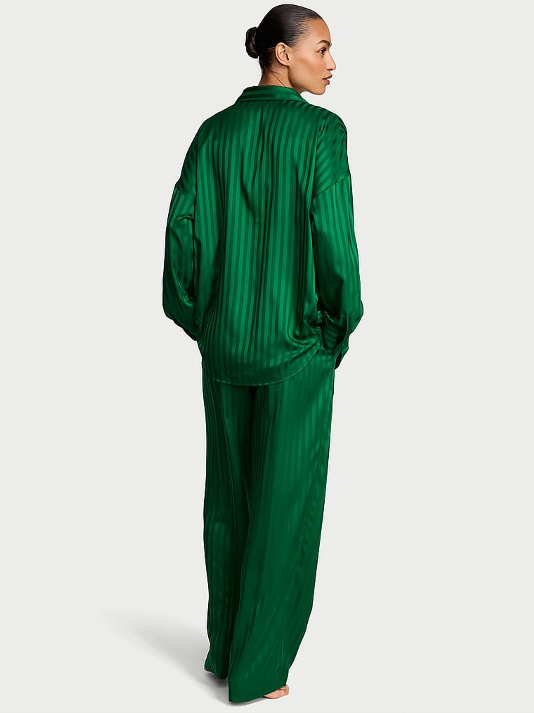 Pine Green Stripe  Satin Oversized Long Pyjama Set - Image 2 of 3