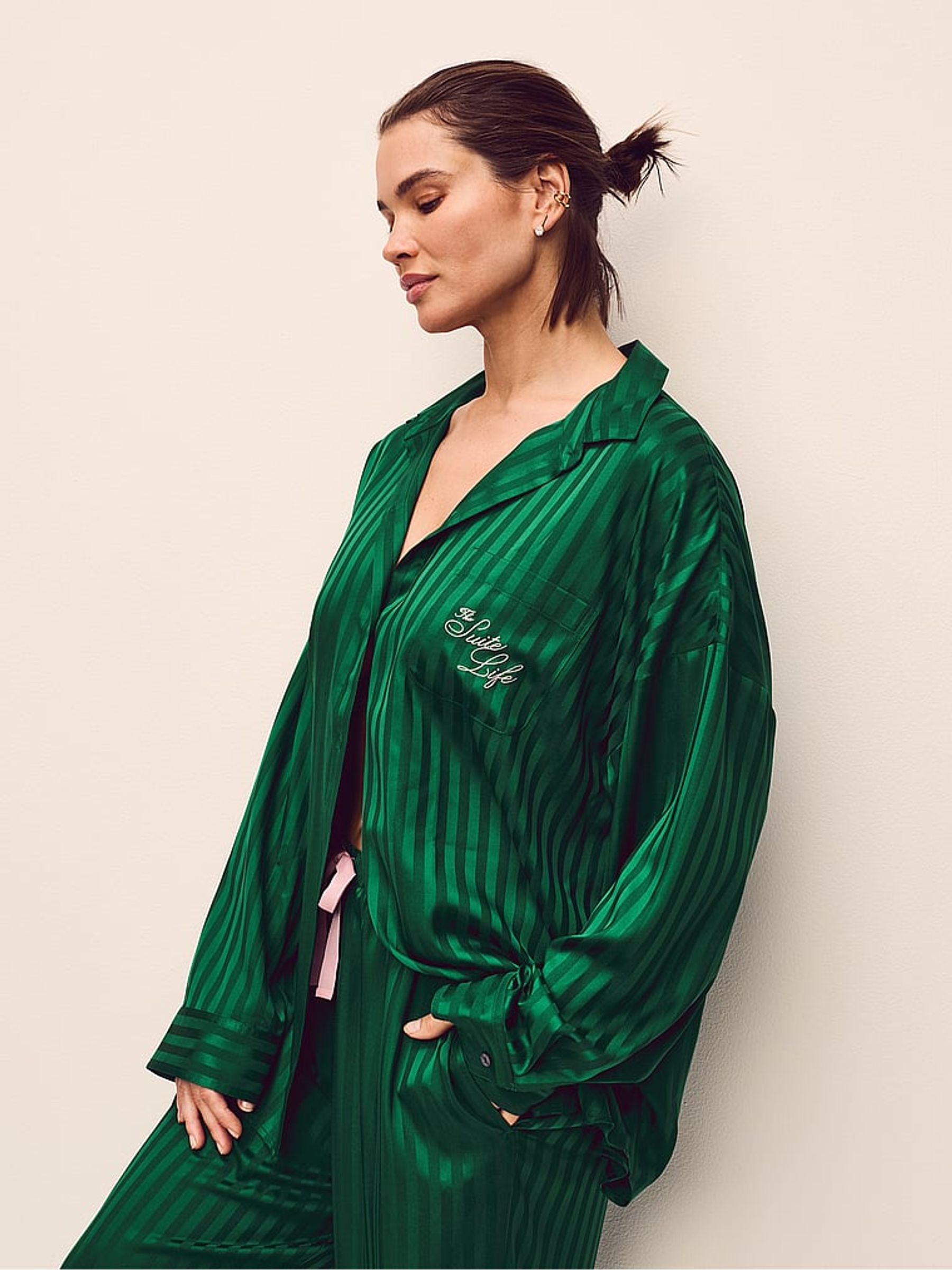 Pine Green Stripe  Satin Oversized Long Pyjama Set - Image 3 of 3