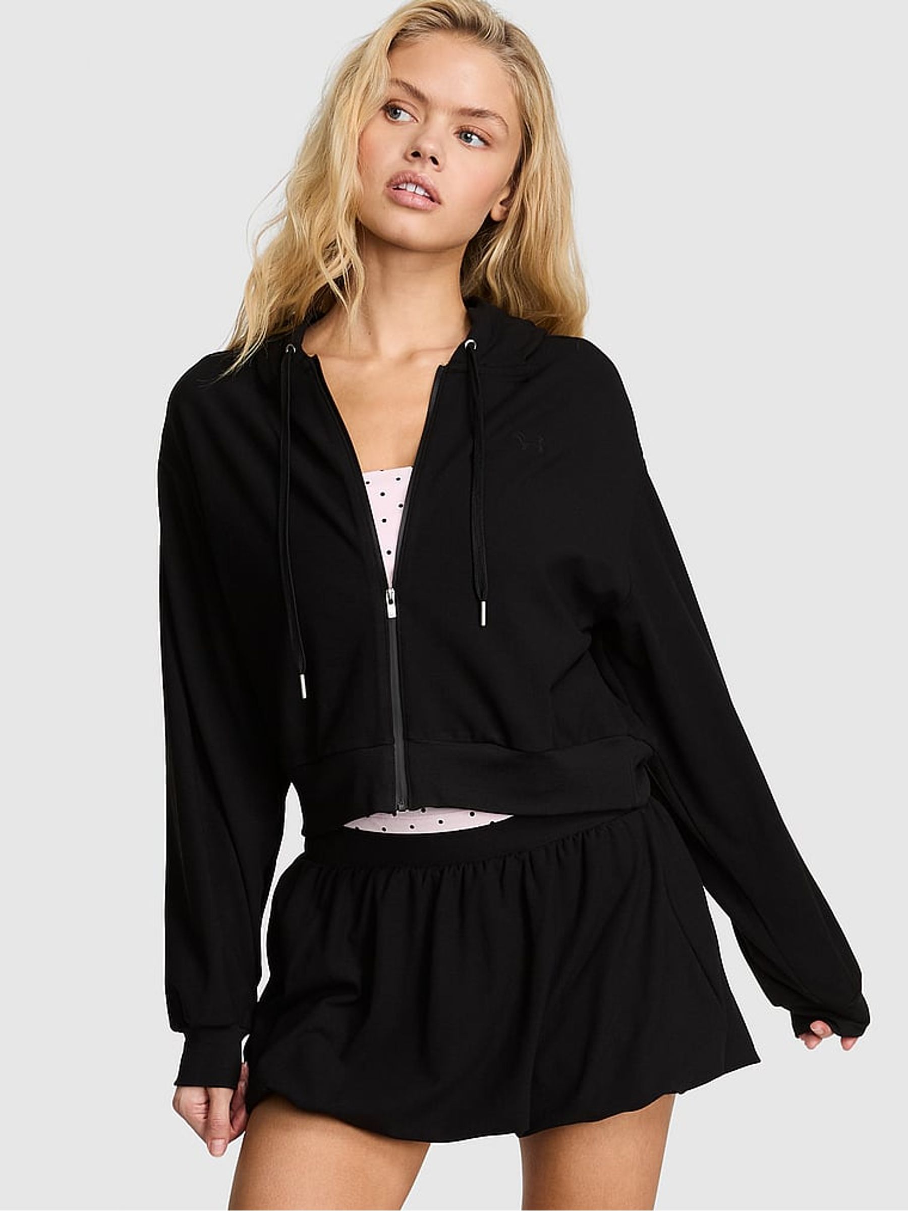 Black Cotton Bubble Sleeve Cropped Hoodie - Image 1 of 2