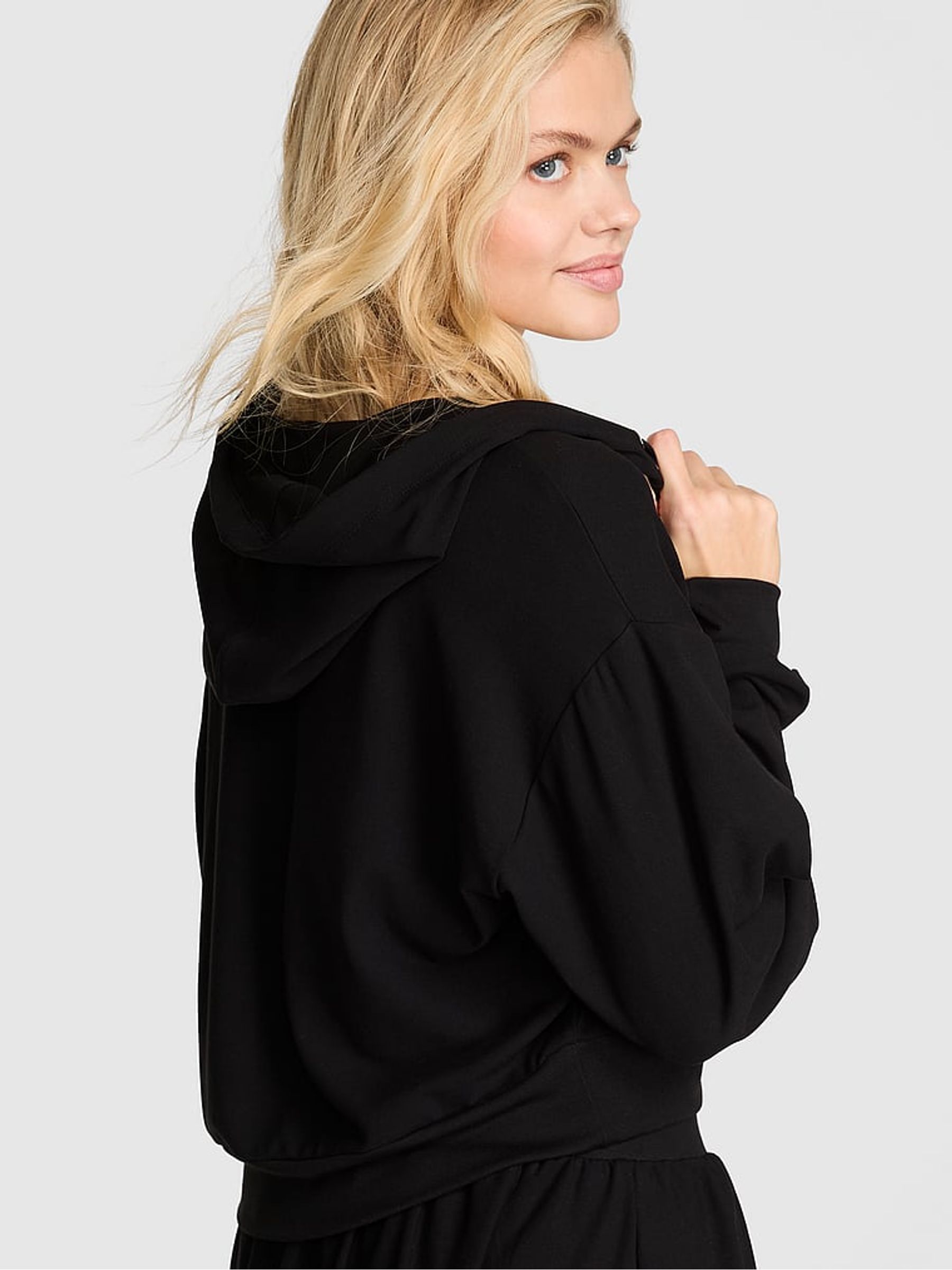 Black Cotton Bubble Sleeve Cropped Hoodie - Image 2 of 2