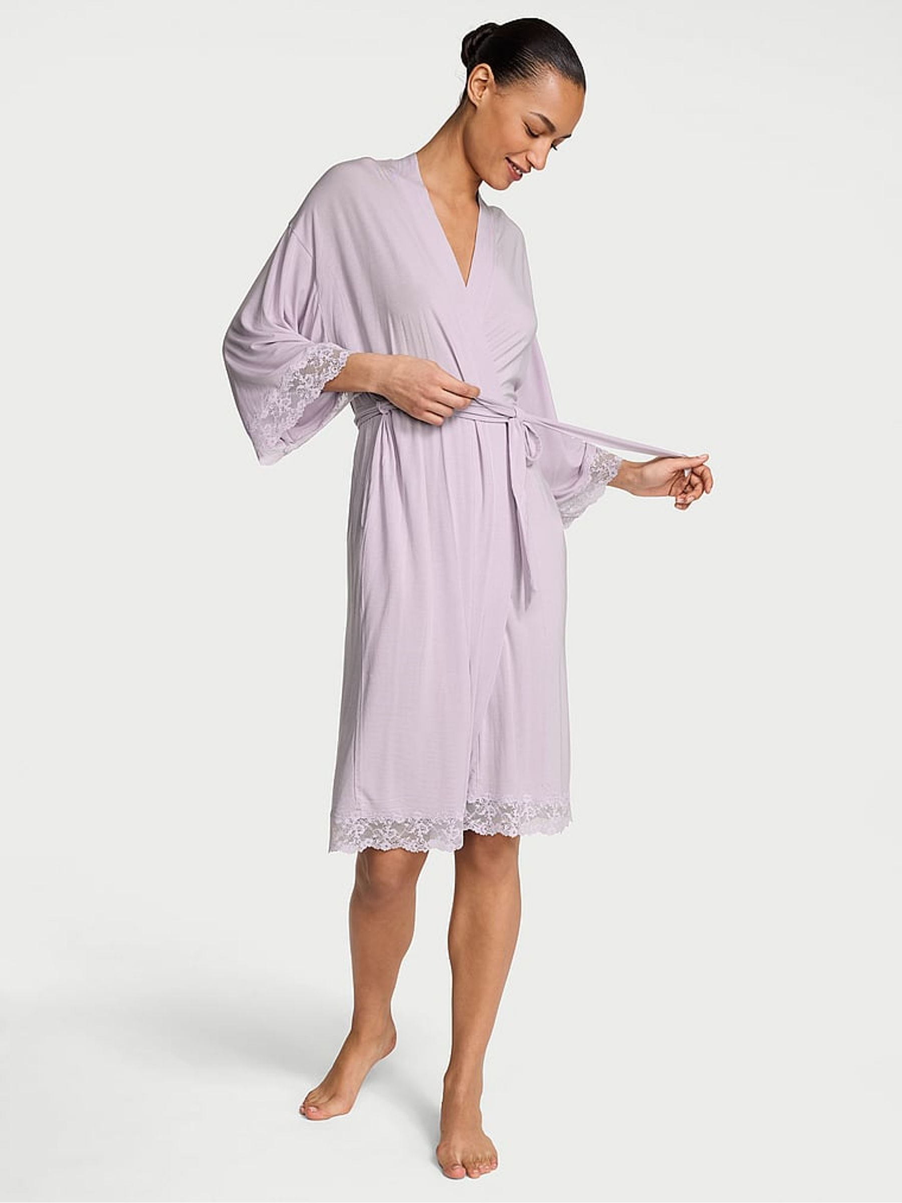 Crystal Lilac Purple Modal Lace Trim Robe - Image 1 of 3