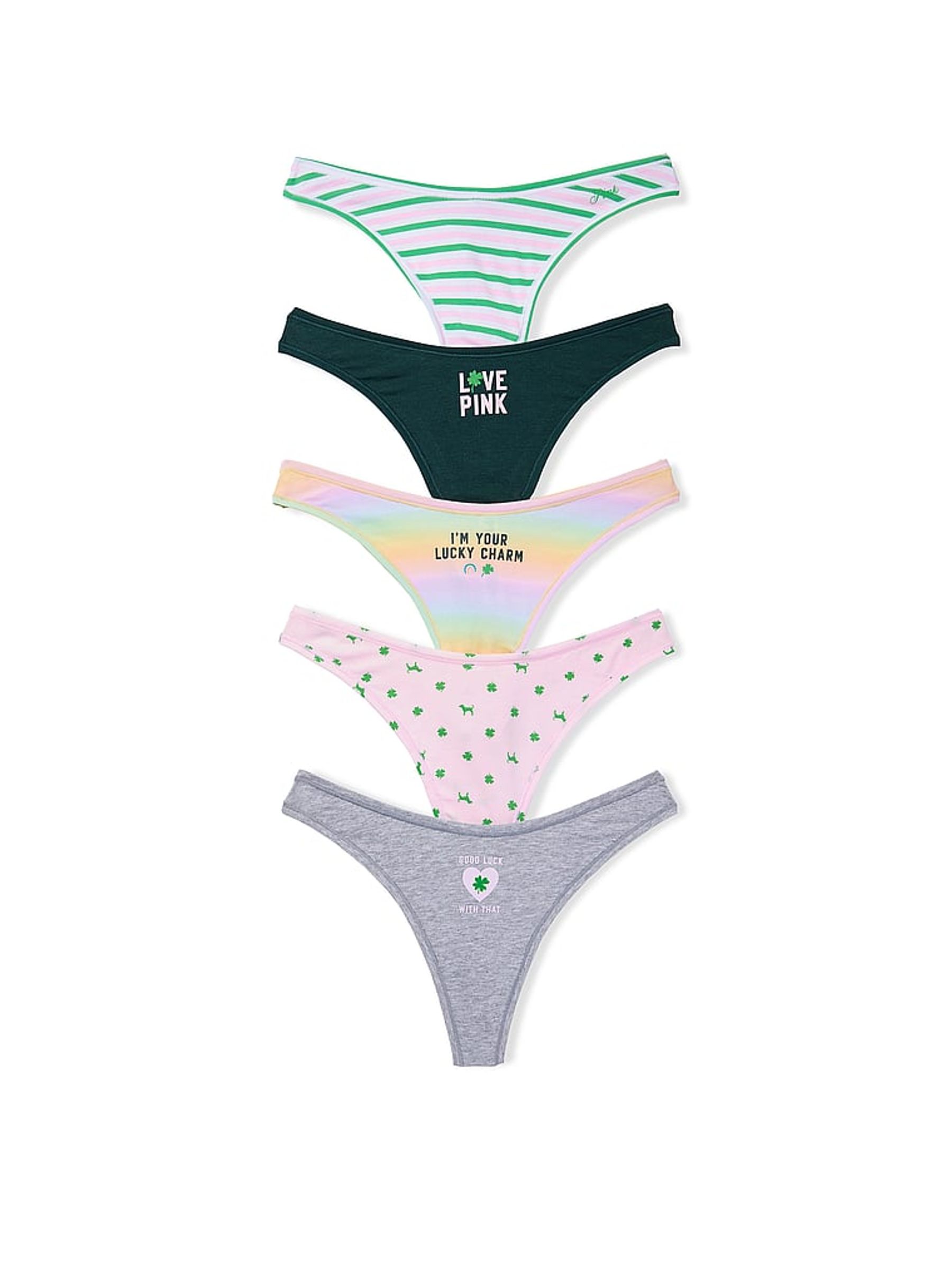 Pink/Grey/Green Thong 5 Pack Cotton Knickers - Image 1 of 1