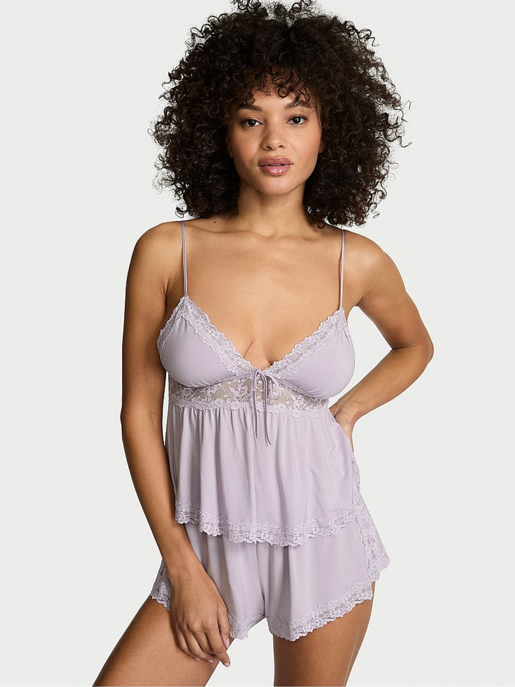 Crystal Lilac Purple Lace Trim Modal Cami Set - Image 1 of 2