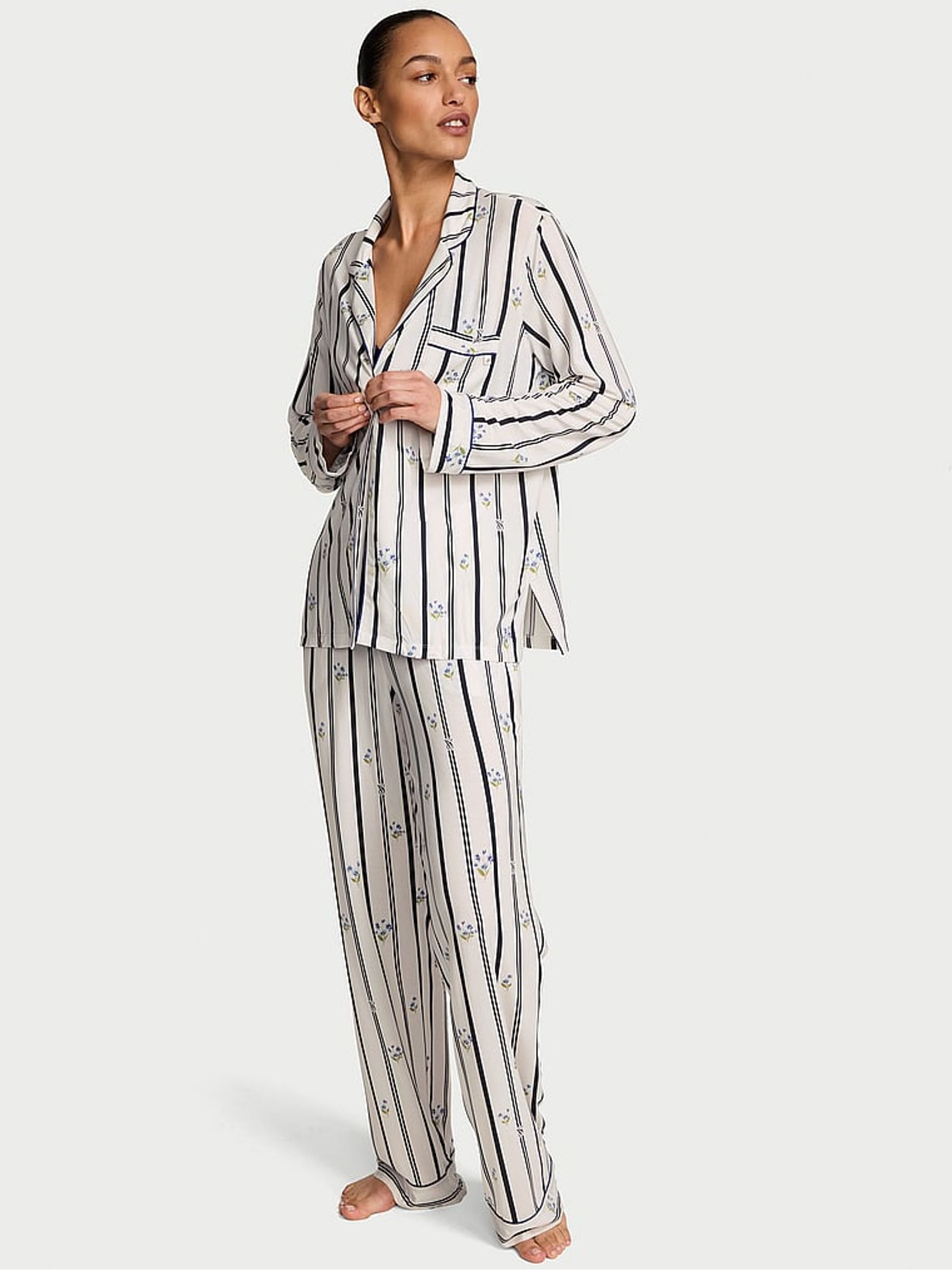 Coconut White Floral Stripe Modal Long Pyjama Set - Image 1 of 2