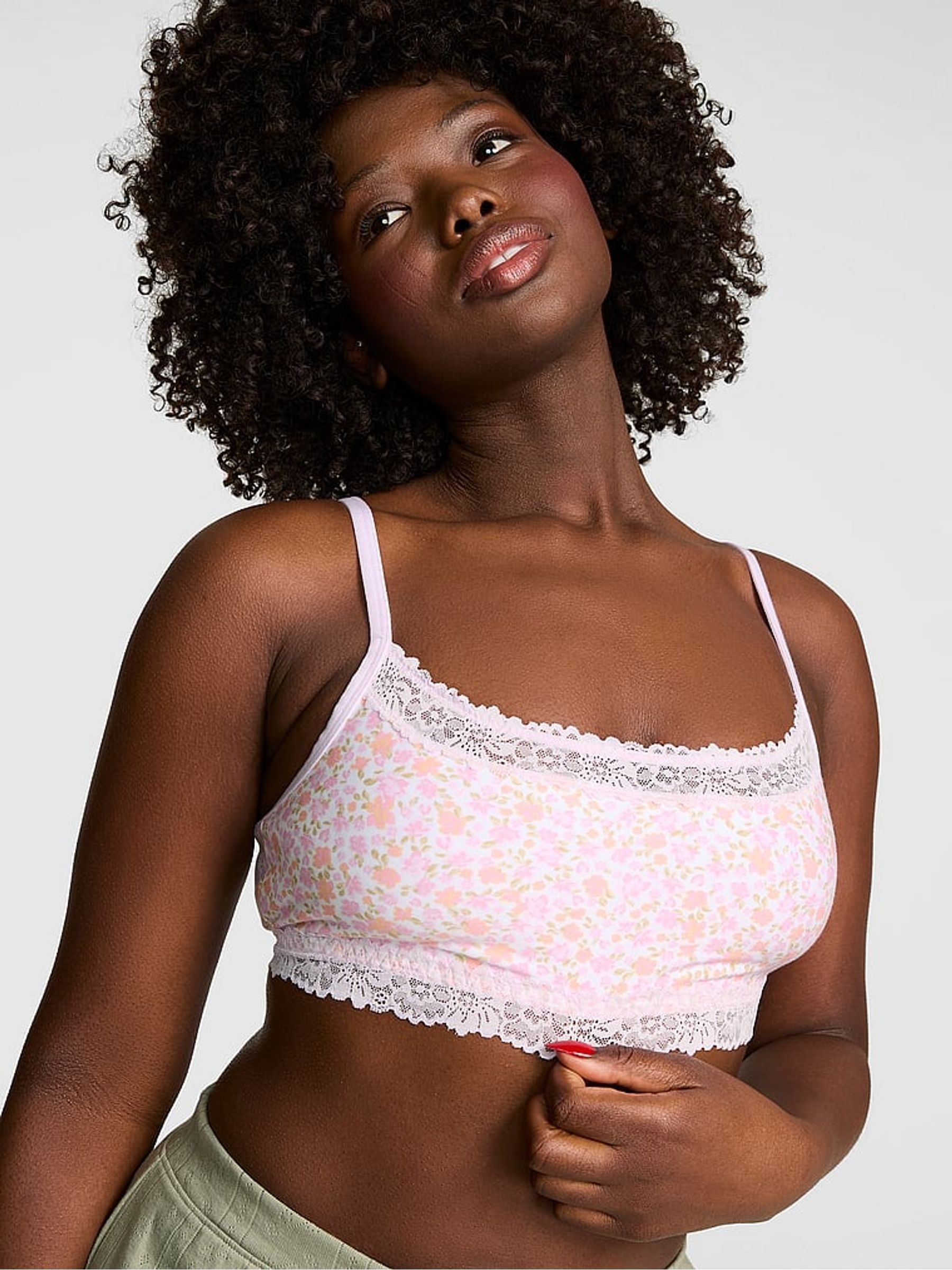 Lilac Purple Floral Print Scoop Cotton Lace Trim Bralette - Image 1 of 2