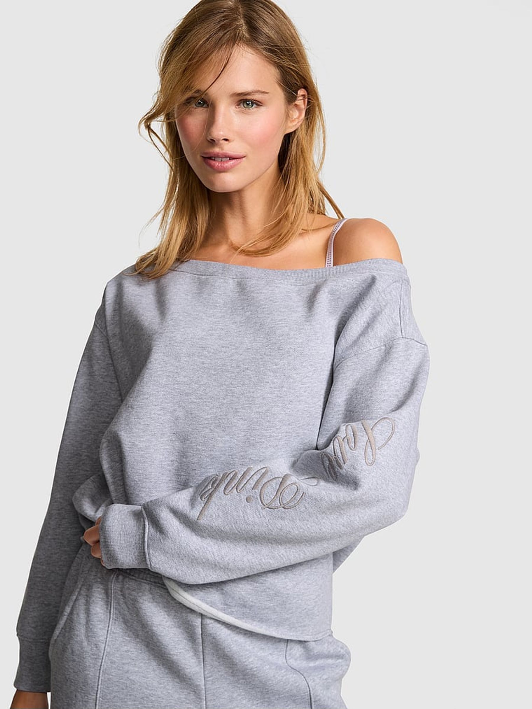 Medium Heather Grey Off The Shoulder Fleece Sweatshirt - Image 1 of 2