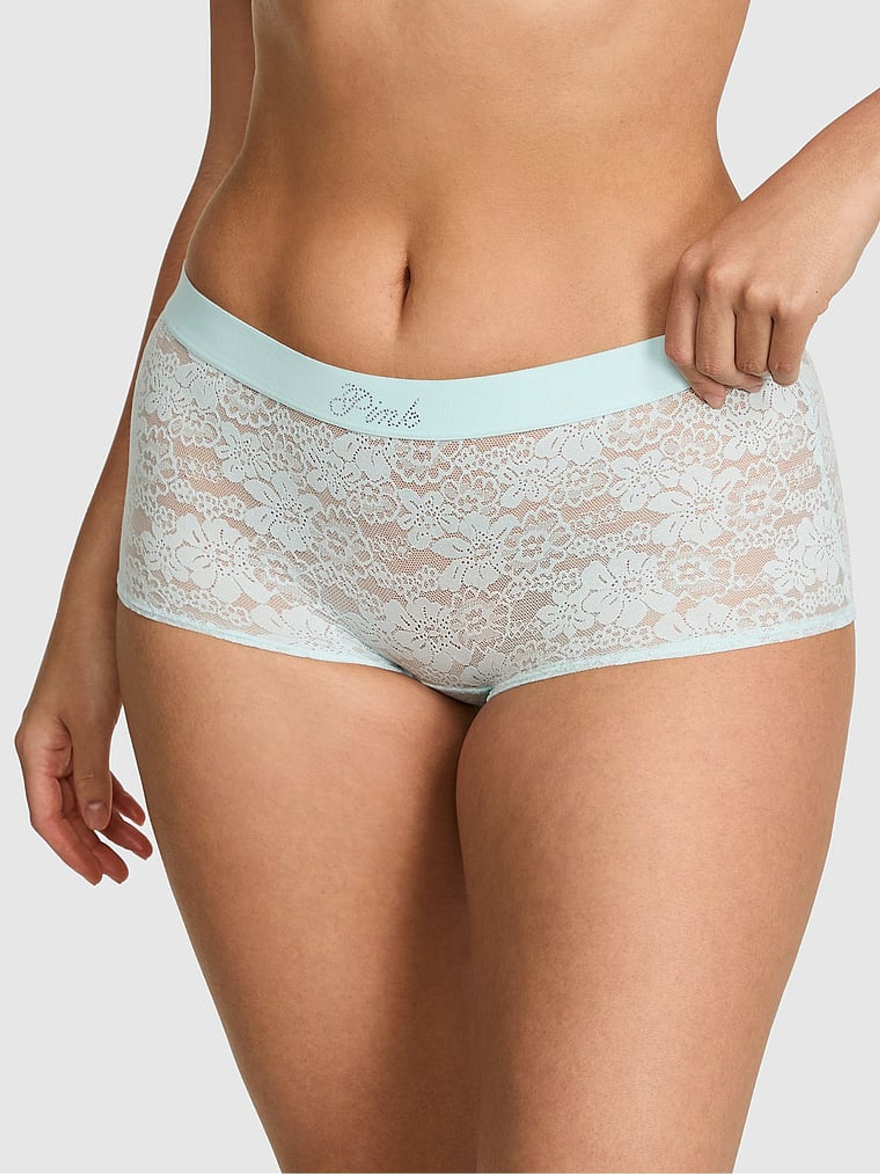 Spray Blue Diamante Short Lace Logo Boyshort Knickers - Image 1 of 2
