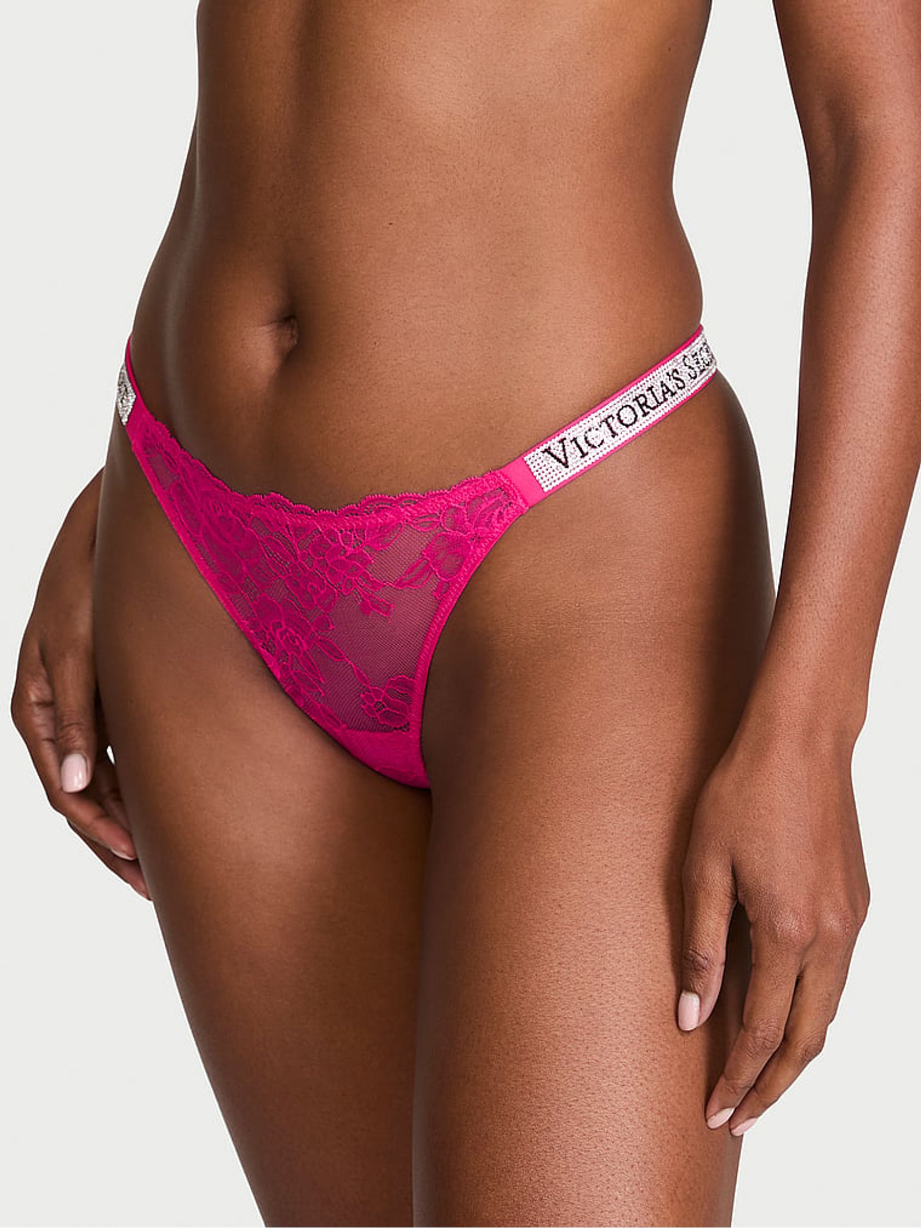 Pop Pink Thong Shine Strap Lace Knickers - Image 1 of 2