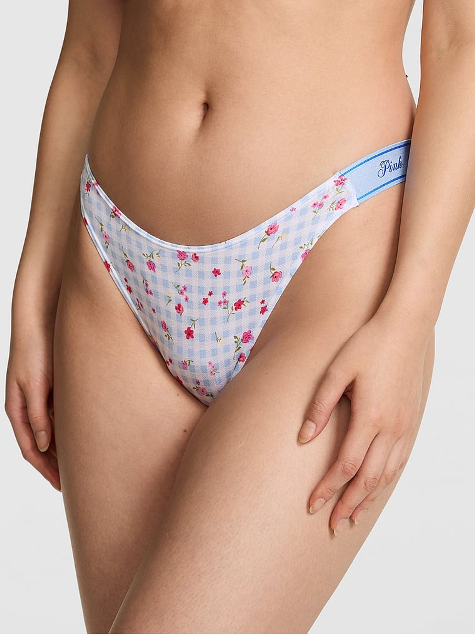 Blue Gingham Floral Print Thong Cotton Logo Knickers - Image 1 of 2