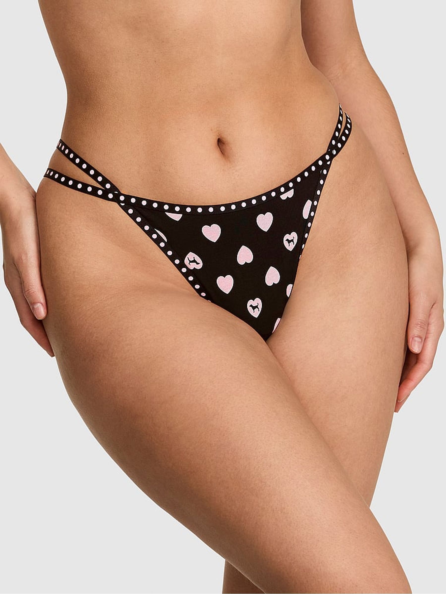 Black Heart Dog Print Thong Cotton Mini Logo Knickers - Image 1 of 2