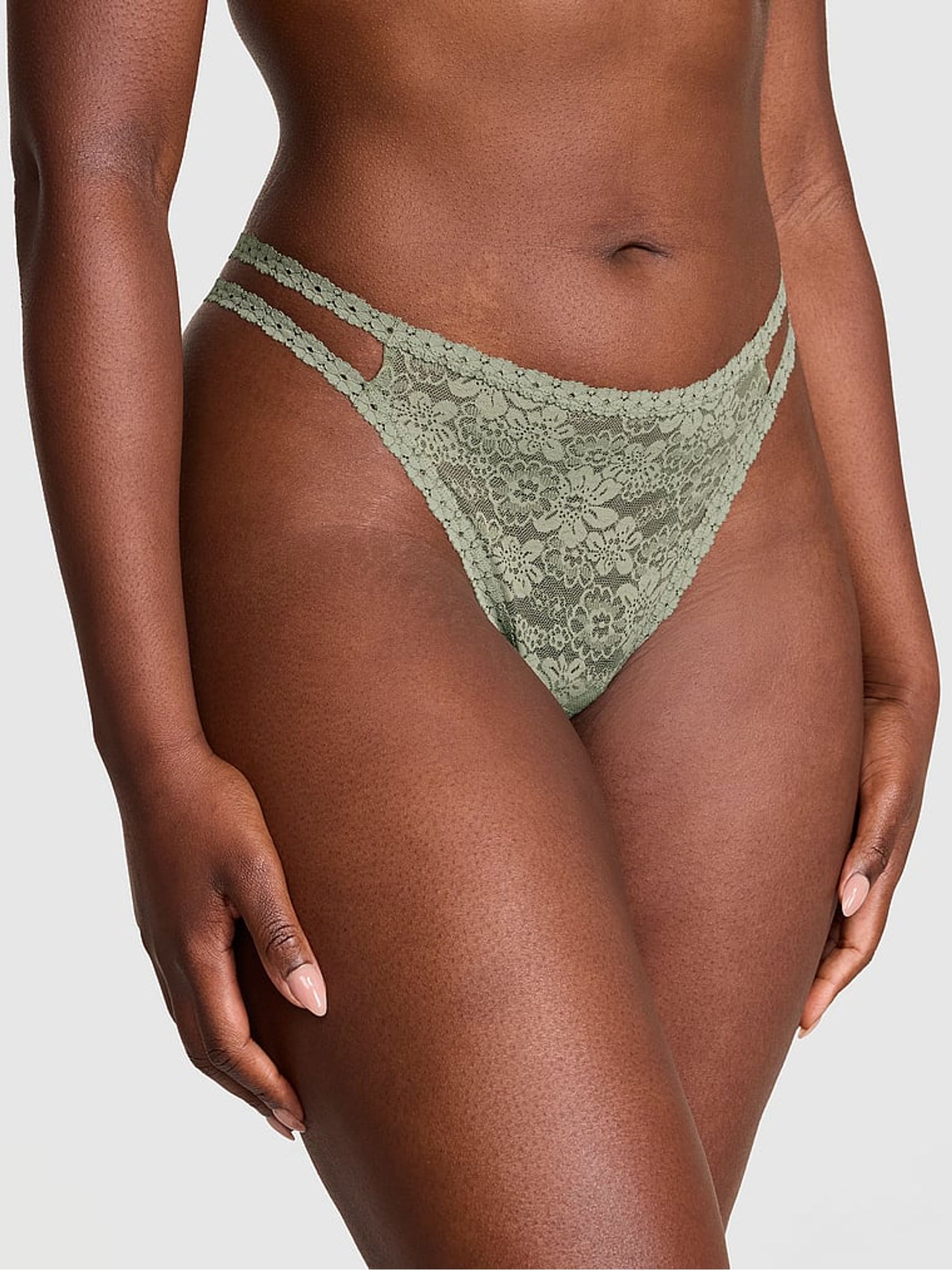 Slate Green Double Strap Thong Floral Lace Knickers - Image 1 of 2