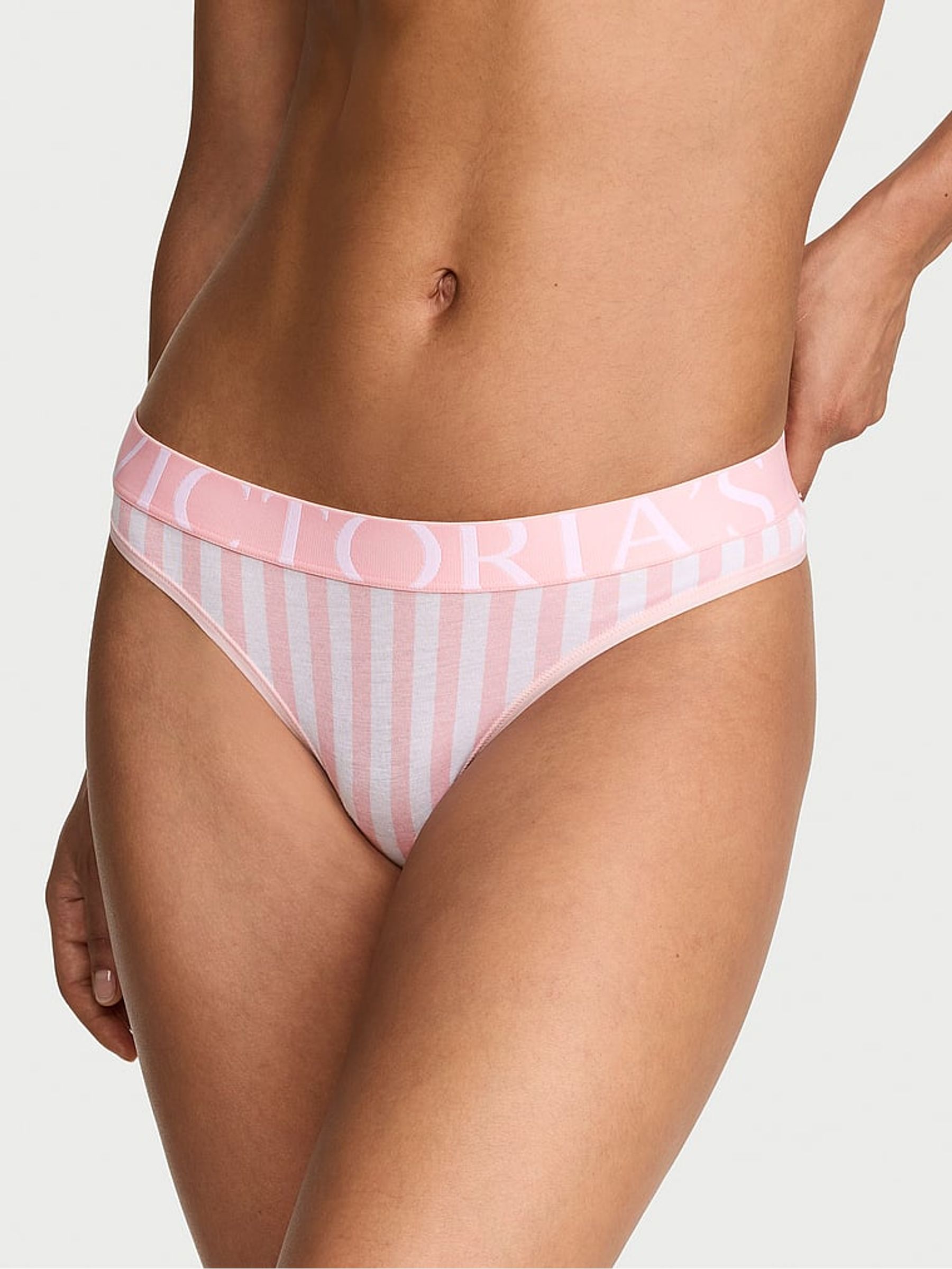 Pretty Blossom Pink Stripes Thong Exploded Logo Knickers - Image 1 of 3