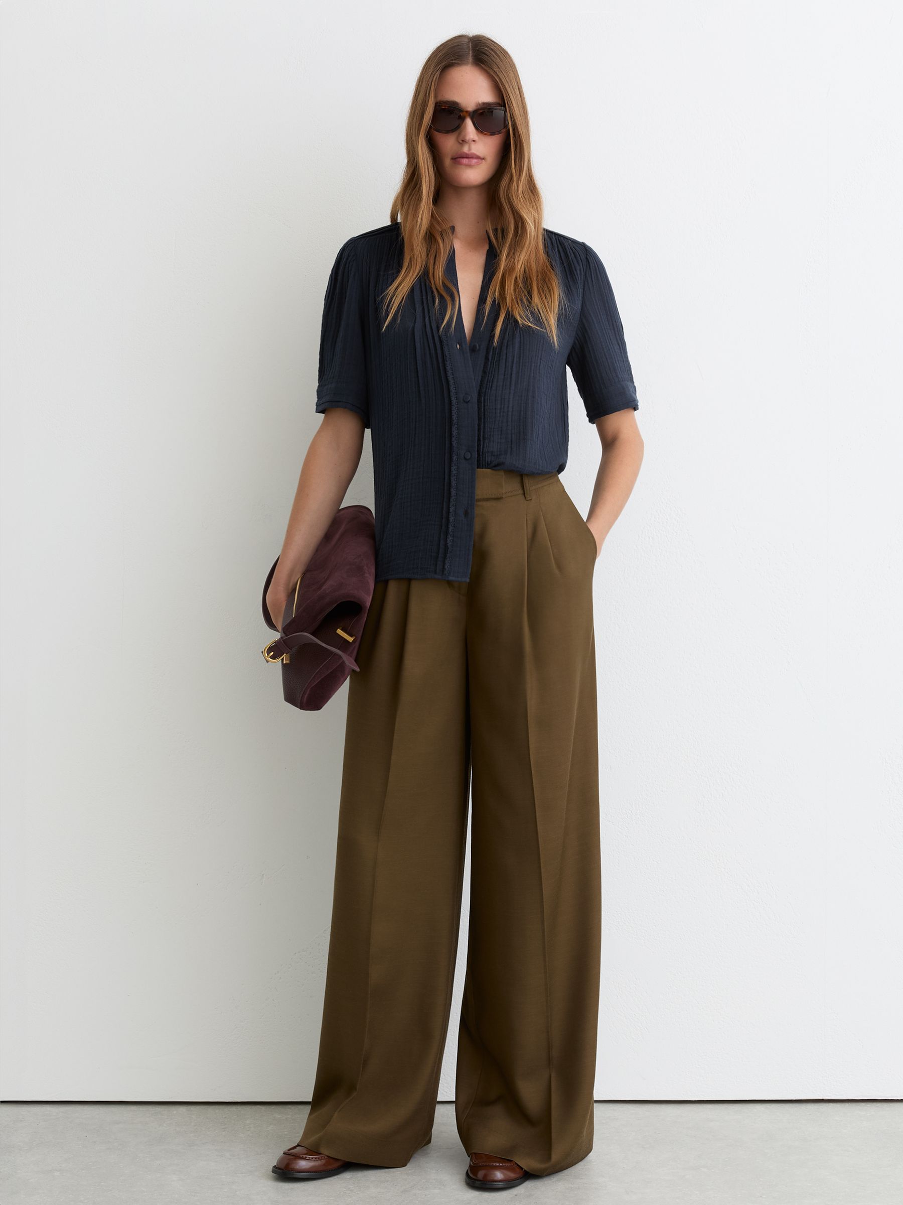 Cotton Cheesecloth Pleated Top in Navy - Image 1 of 6