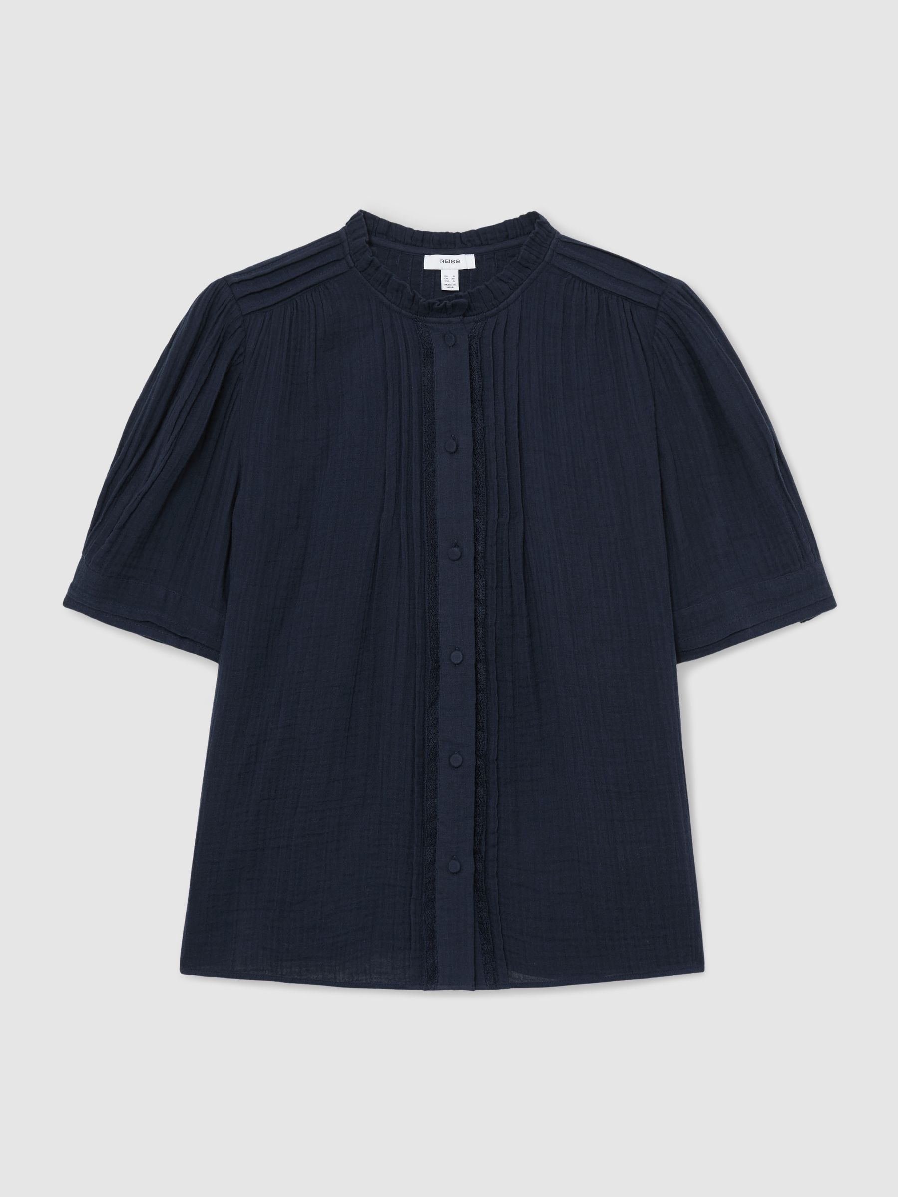 Cotton Cheesecloth Frill-Neck Top in Navy