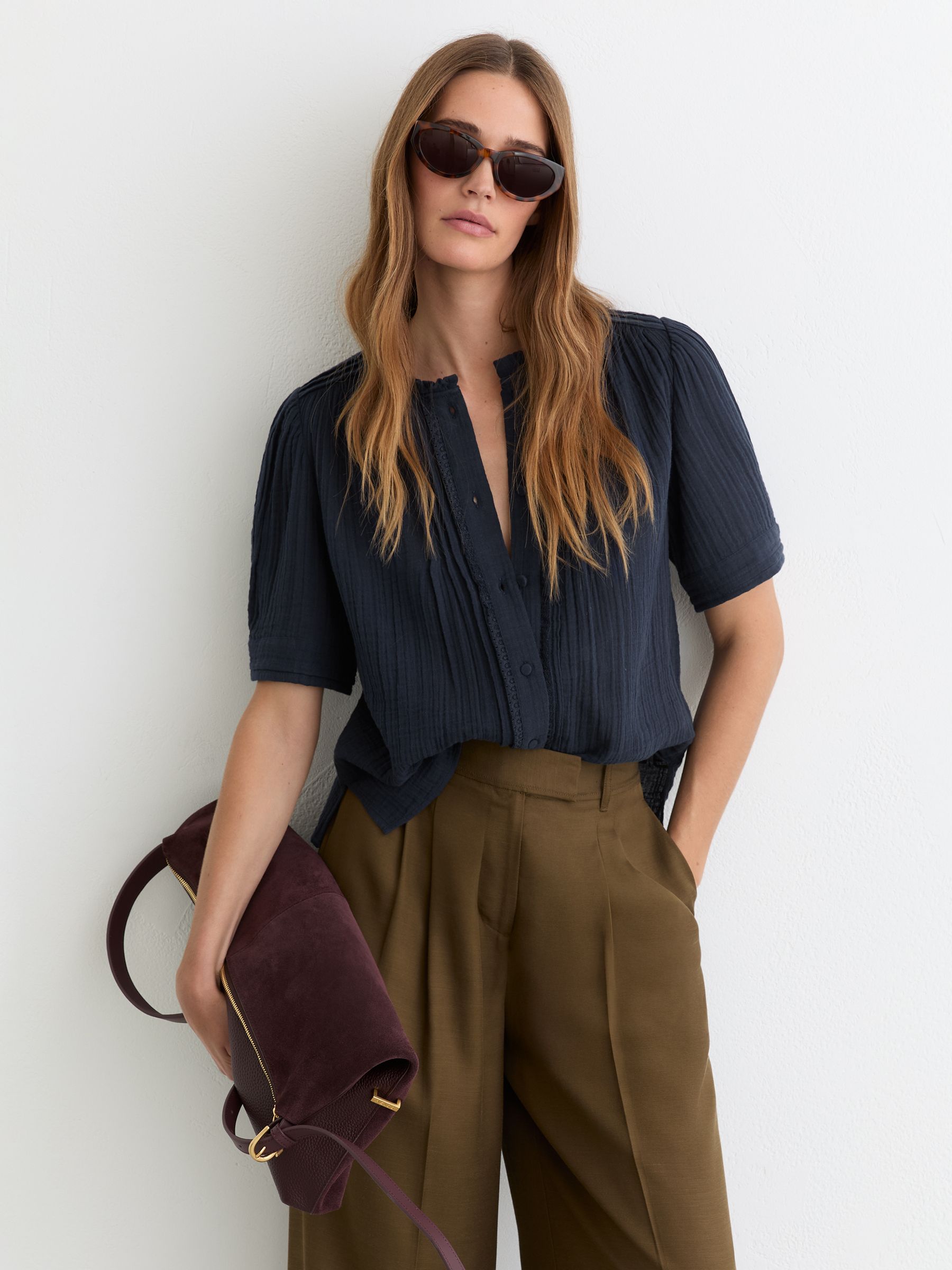 Cotton Cheesecloth Pleated Top in Navy - Image 3 of 6